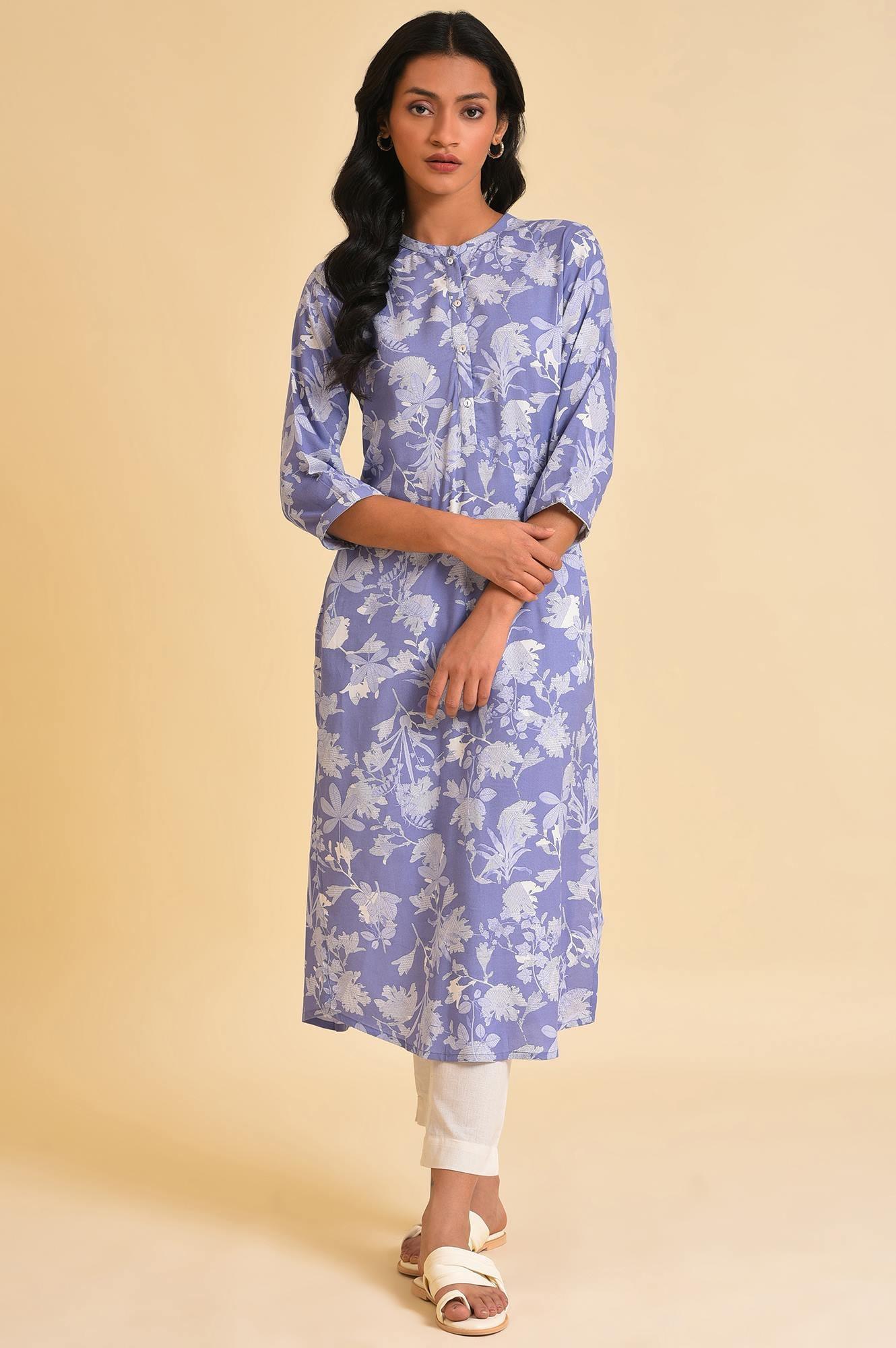 Blue Floral Printed kurta & Pants Set - wforwoman