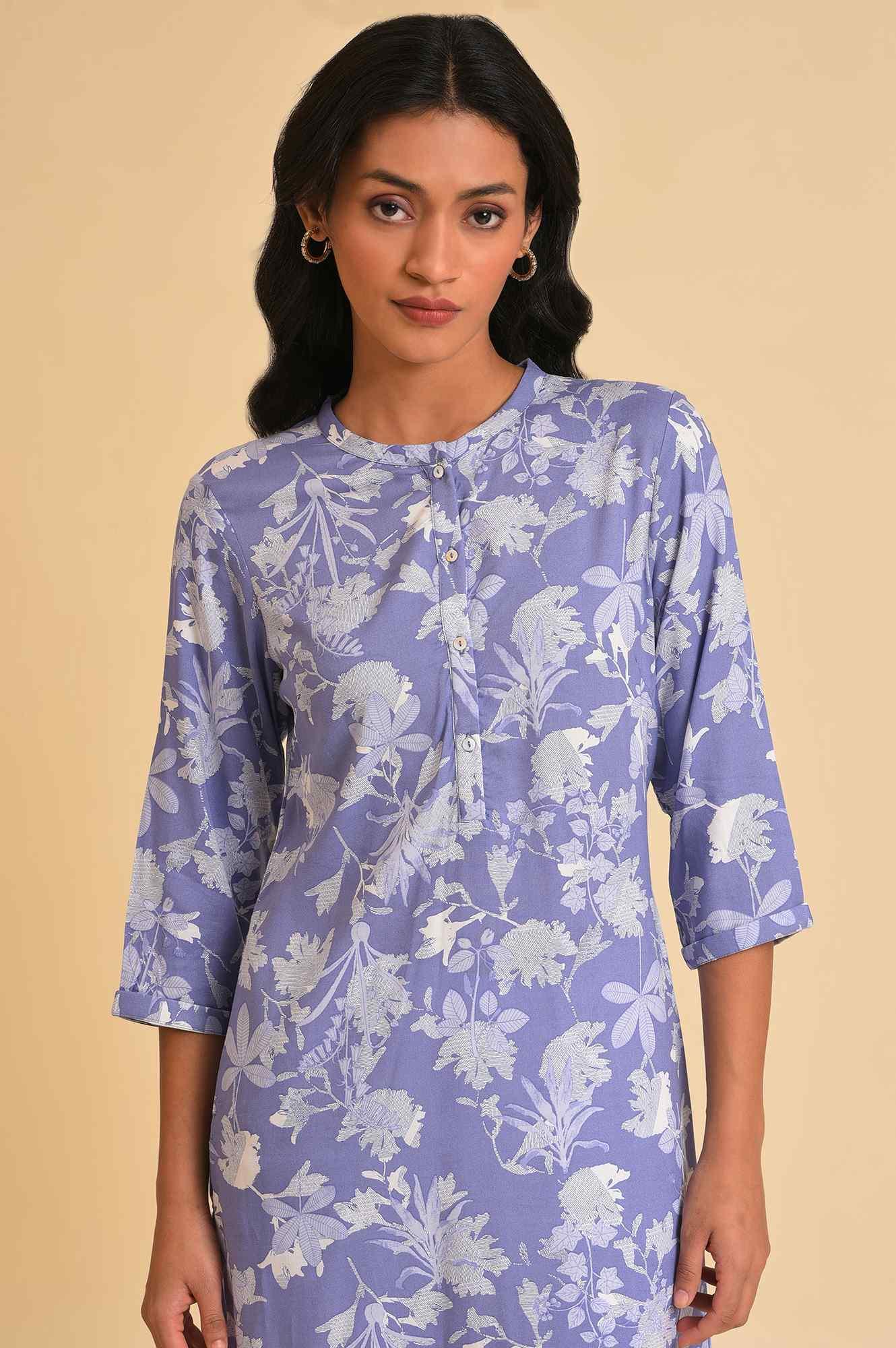 Blue Floral Printed kurta & Pants Set - wforwoman