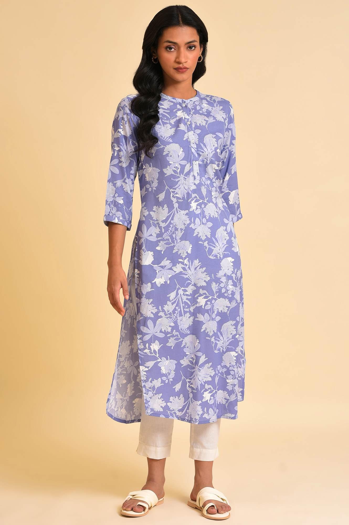 Blue Floral Printed kurta & Pants Set - wforwoman