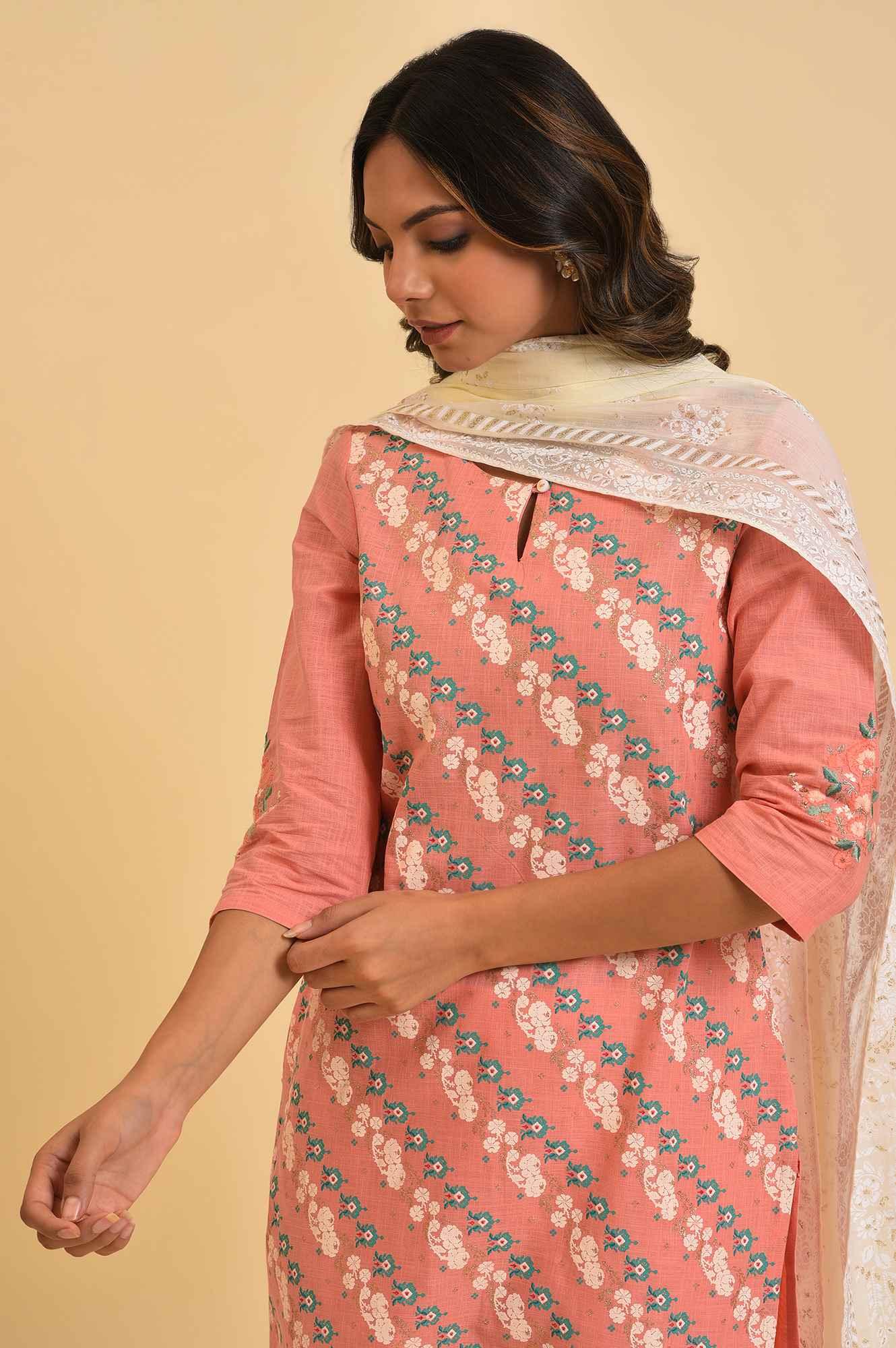 Peach Glitter Printed kurta, Tights & Dupatta Set - wforwoman