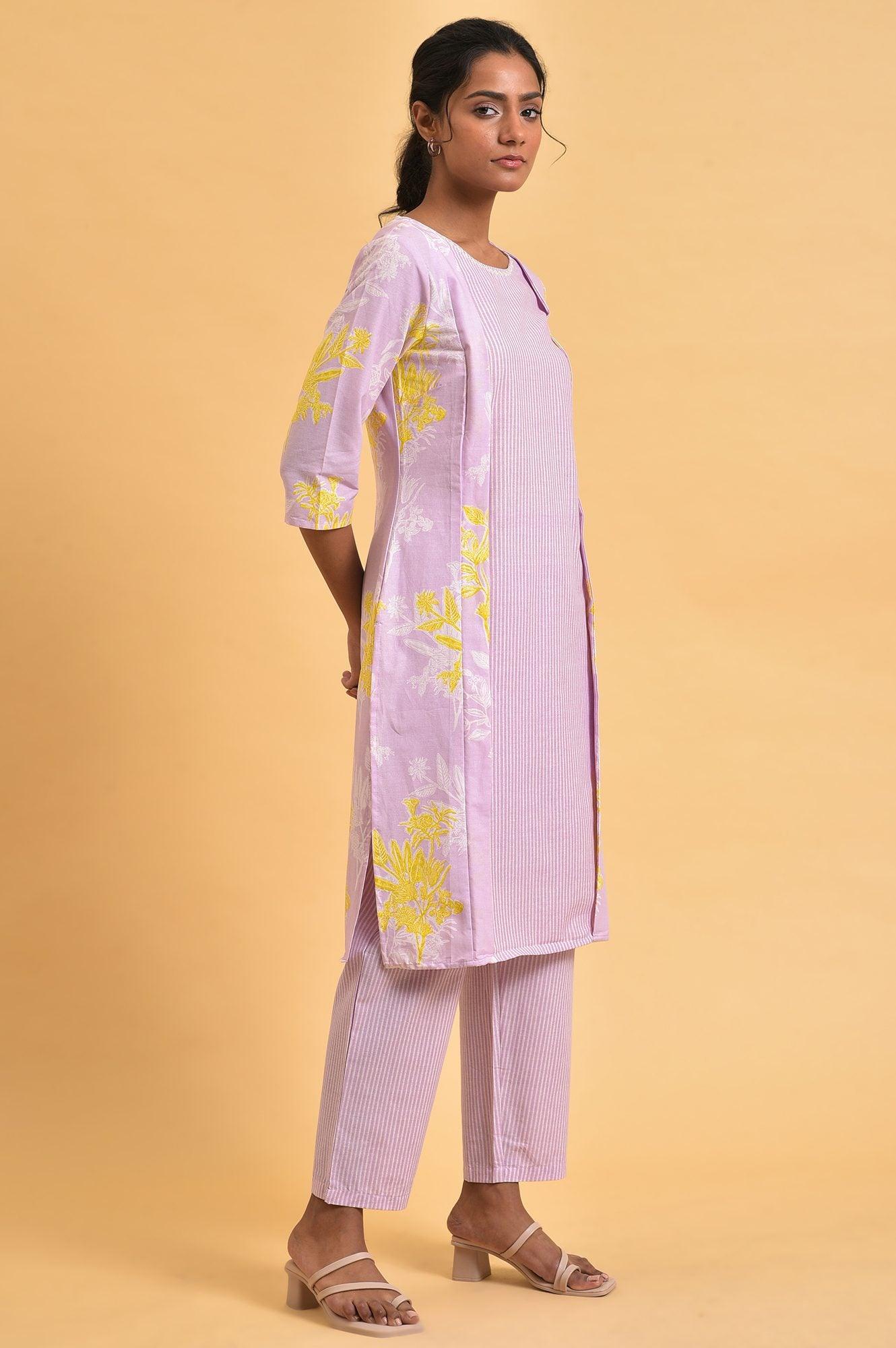 Light Purple Floral Print kurta Co-Ord Set - wforwoman