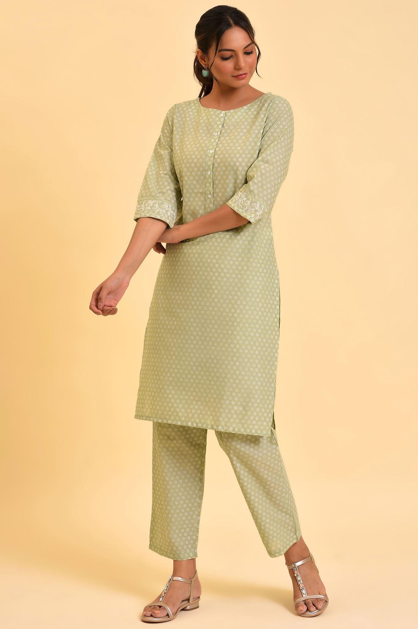 Light Green Printed kurta & Pants Co-Ord Set - wforwoman