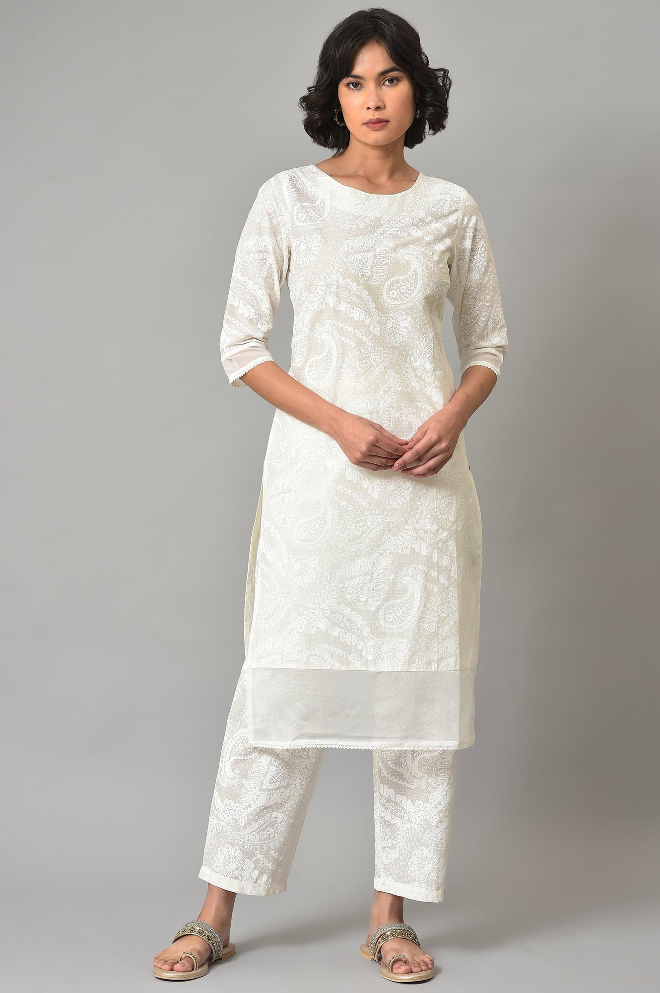 White Organza kurta And Pants Co-Ord Set - wforwoman