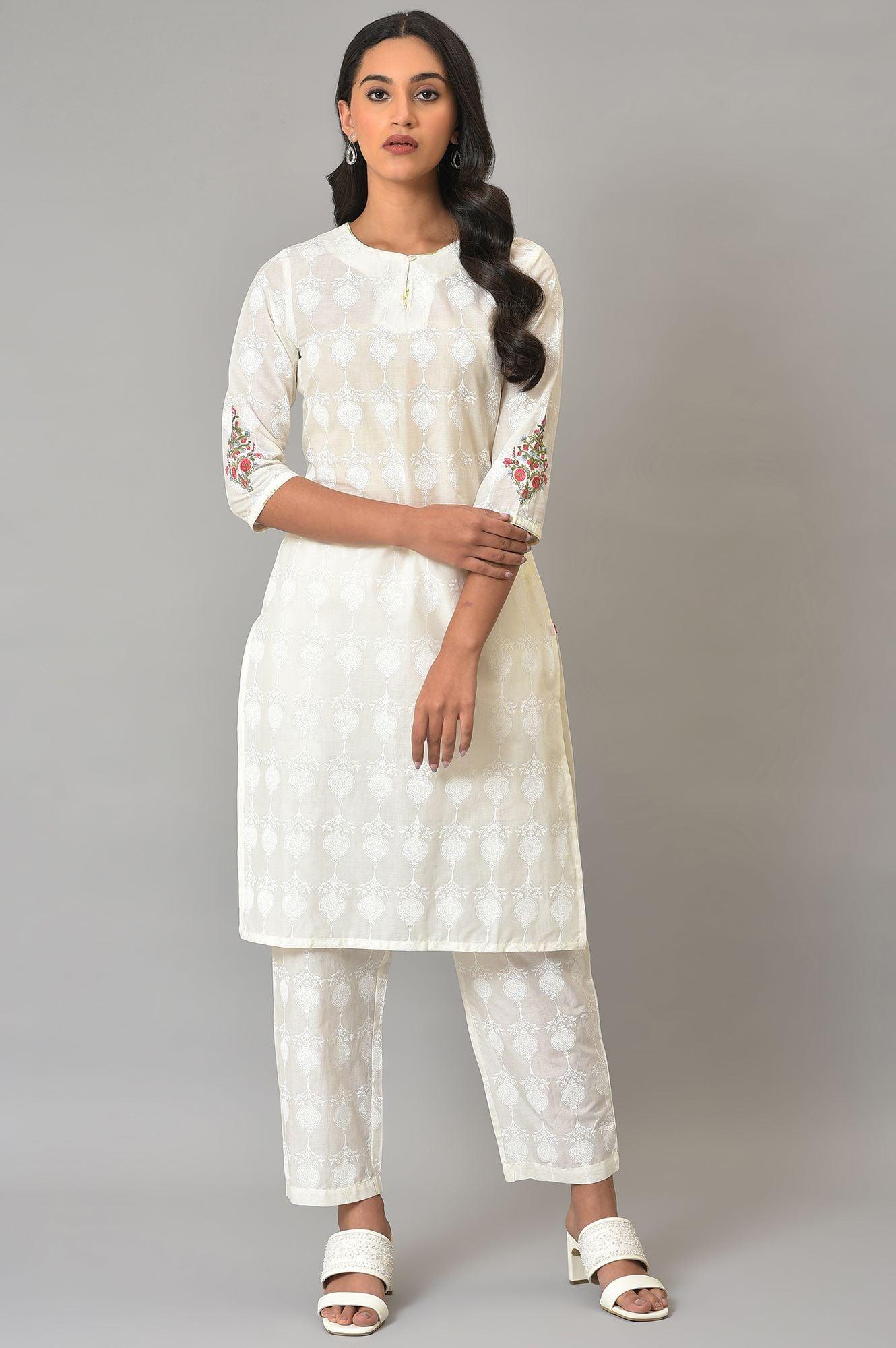 White Embroidered kurta And Pants Co-Ord Sets - wforwoman