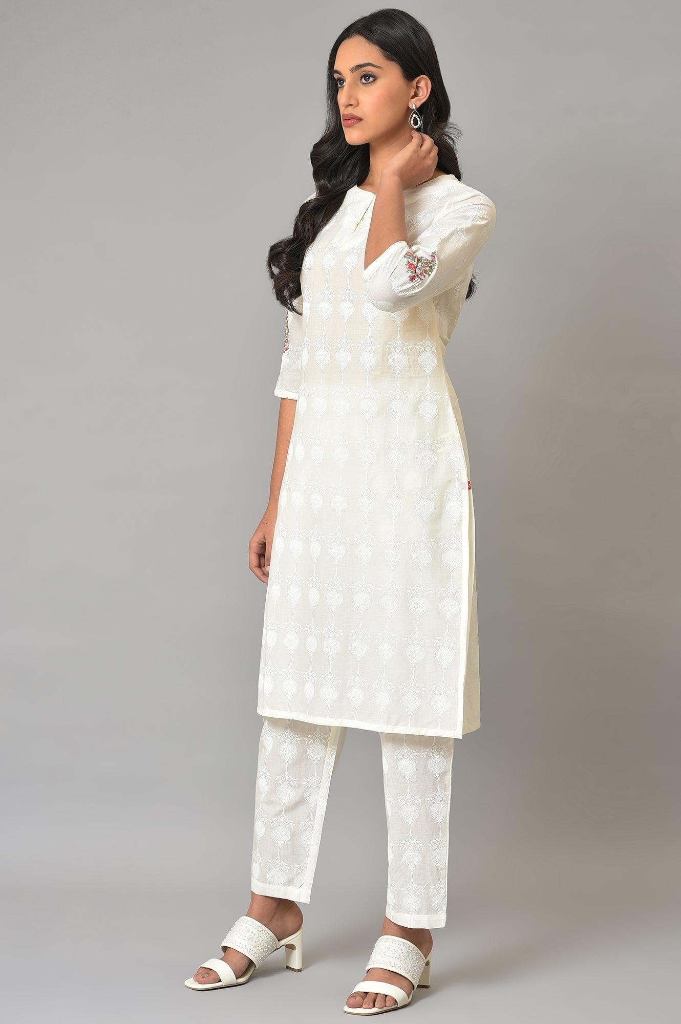 White Embroidered kurta And Pants Co-Ord Sets - wforwoman