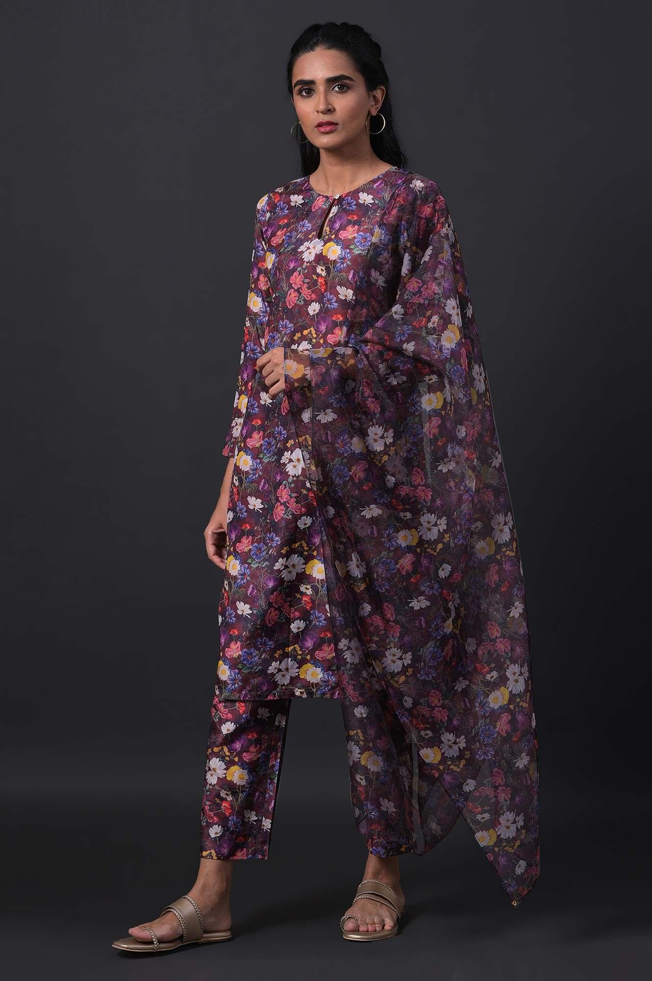 Dark Red Floral Print kurta With Straight Pants And Organza Dupatta - wforwoman