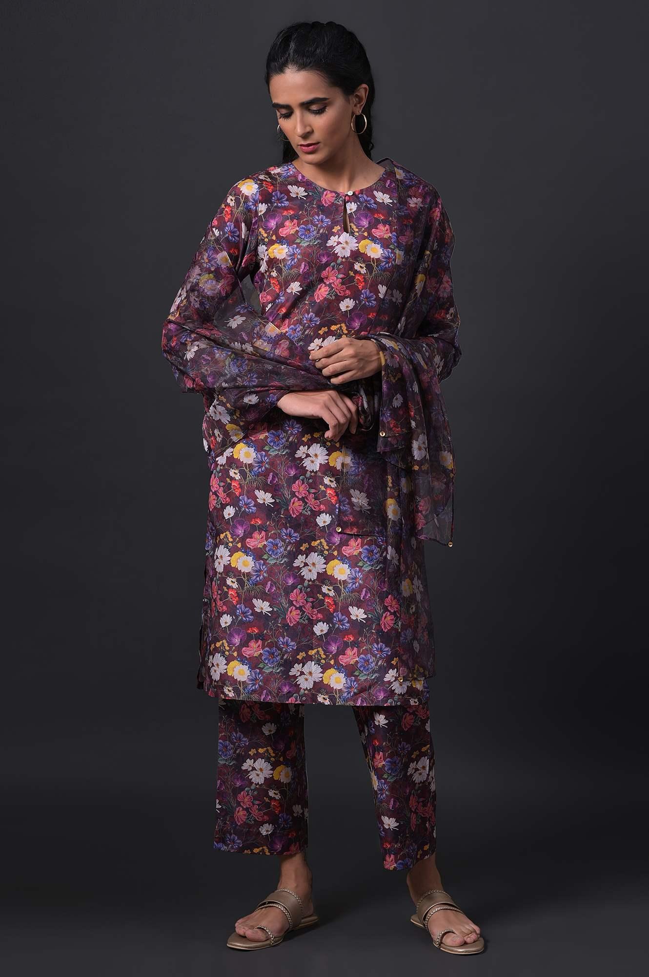 Dark Red Floral Print kurta With Straight Pants And Organza Dupatta - wforwoman