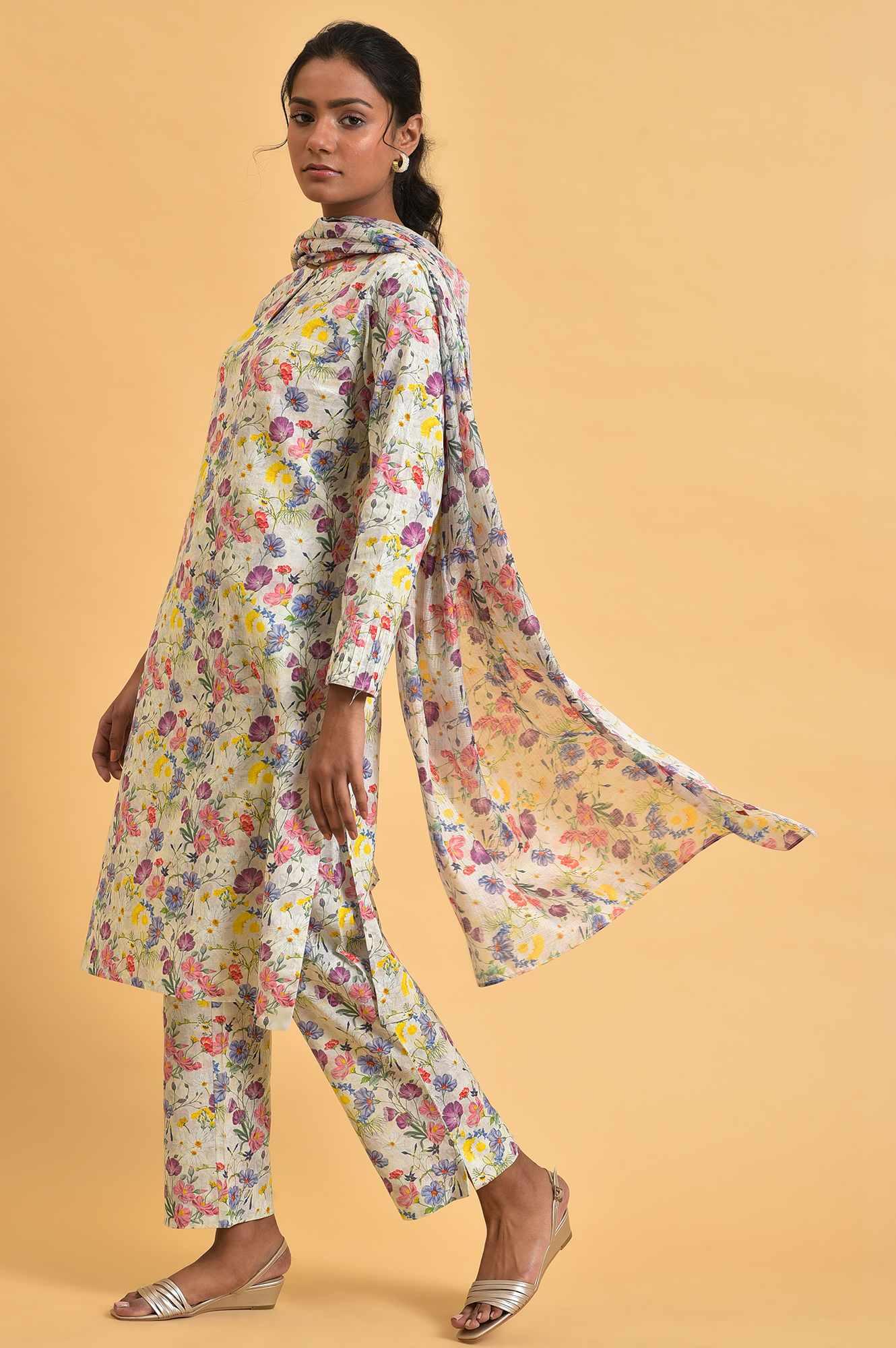 Ecru Floral Print-On-Print kurta Set - wforwoman