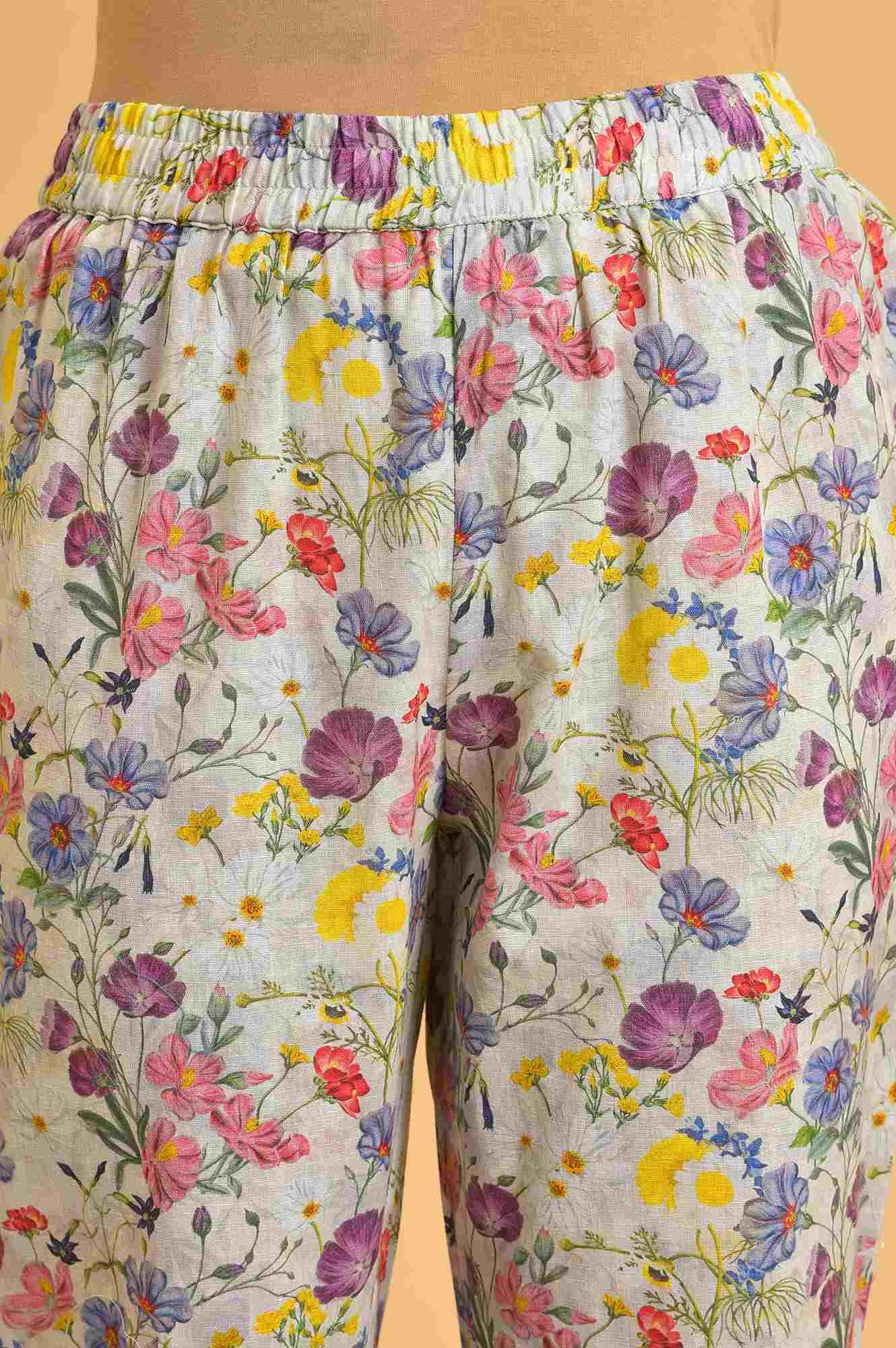 Ecru Floral Print-On-Print kurta Set - wforwoman