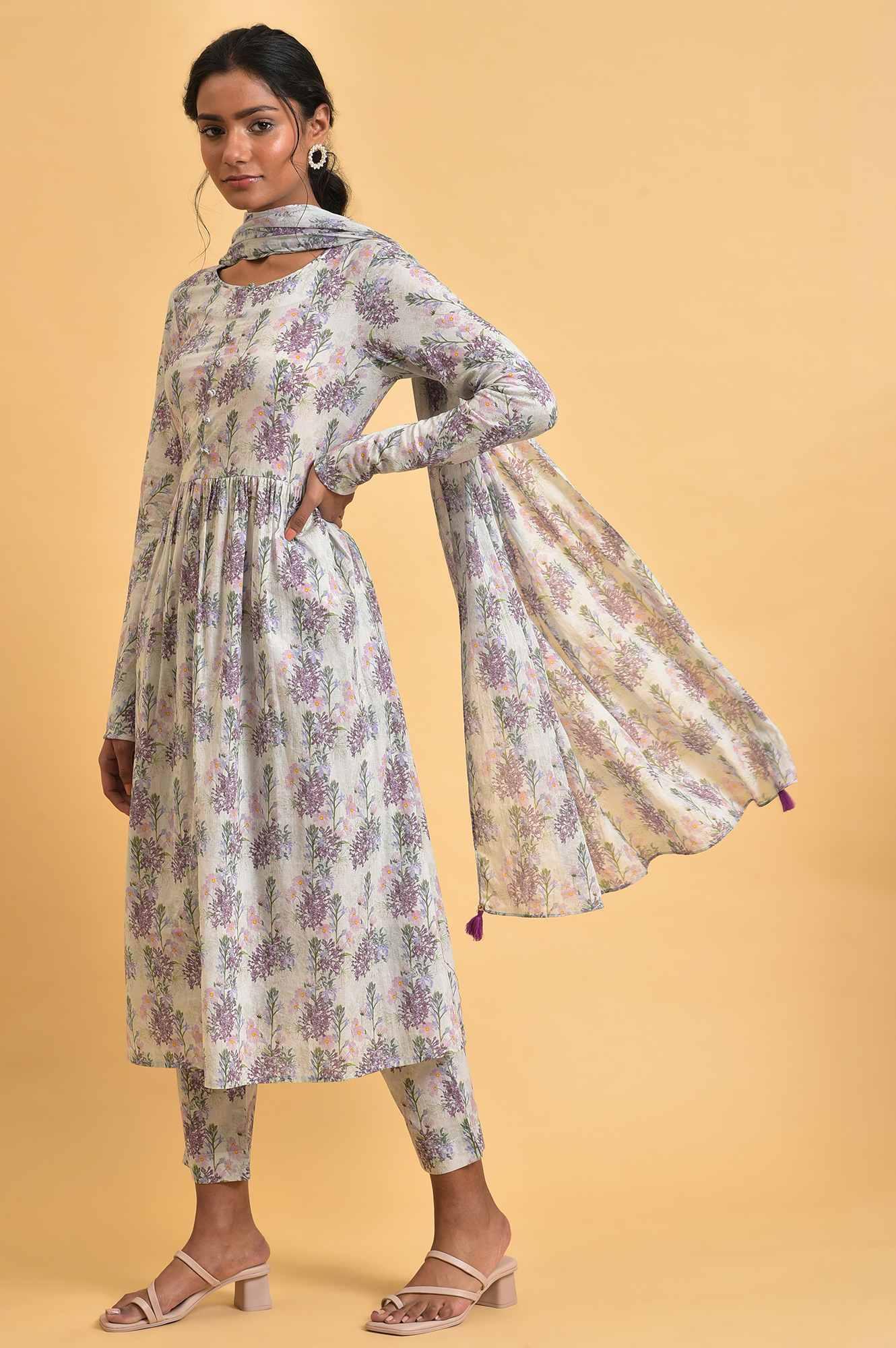 Ecru Floral Printed Cotton kurta Set - wforwoman