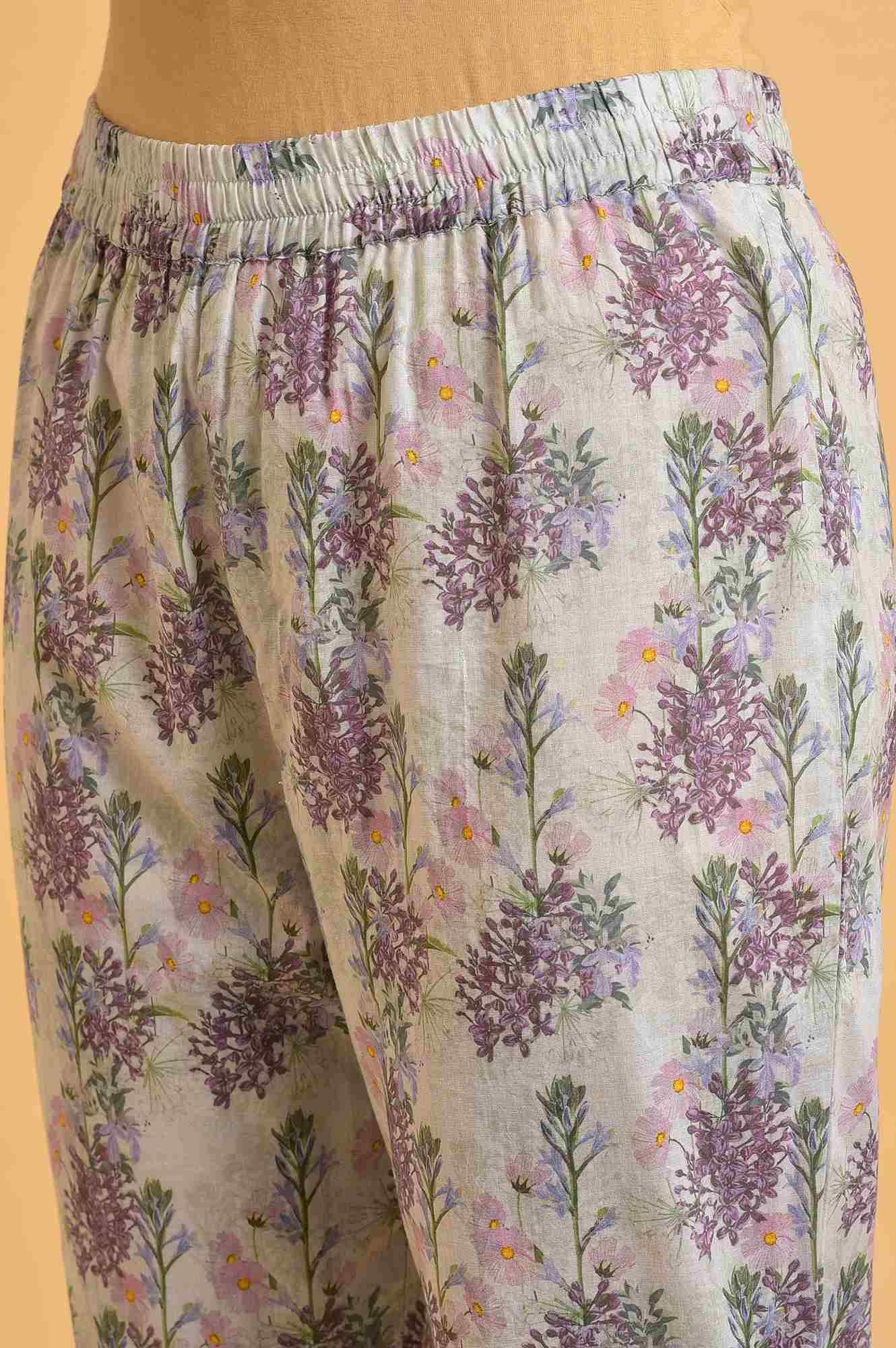 Ecru Floral Printed Cotton kurta Set - wforwoman