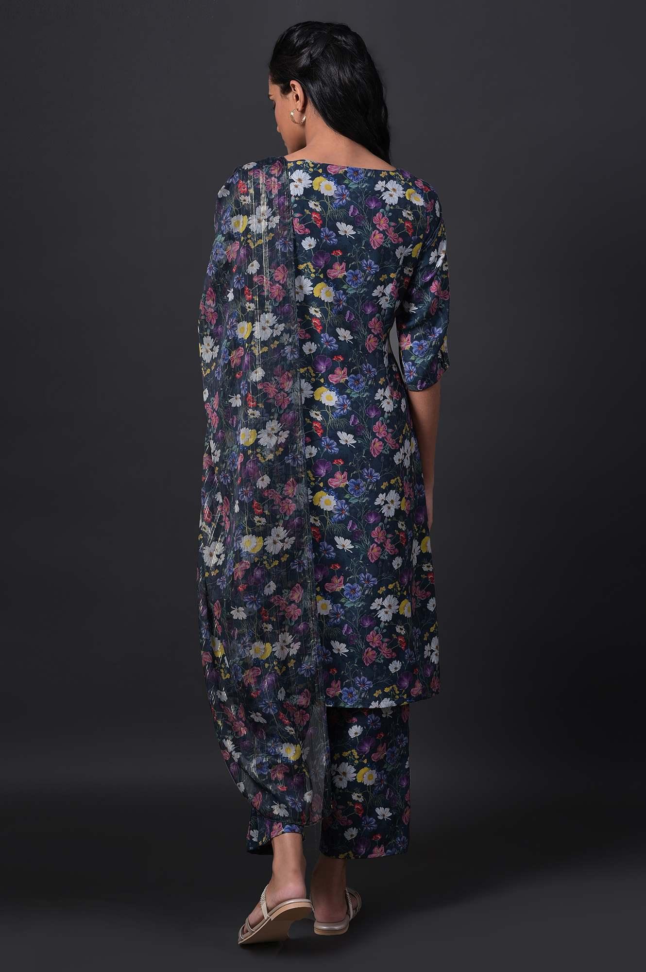 Dark Green Floral Print kurta With Straight Pants And Dupatta - wforwoman