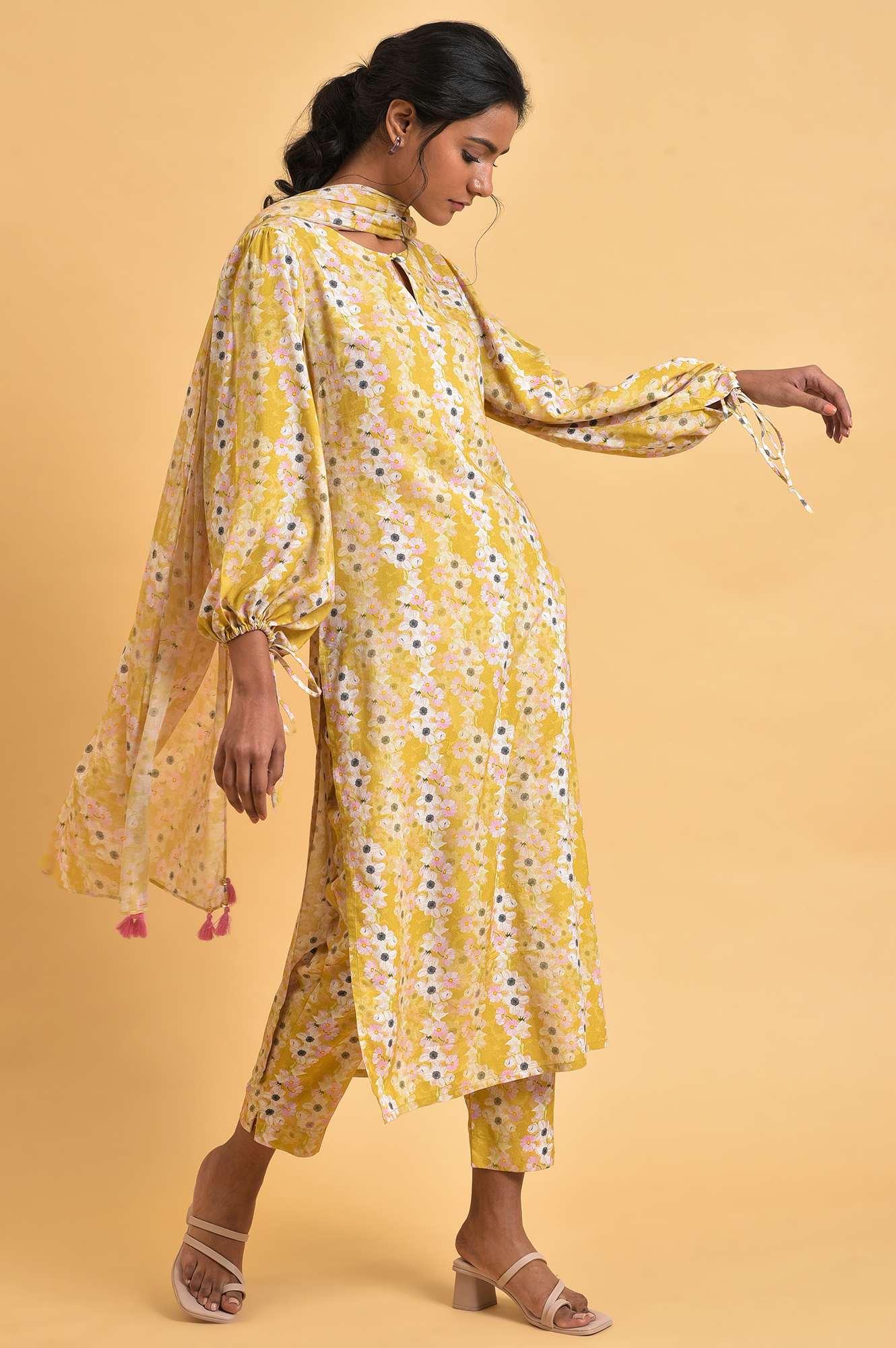 Yellow Floral Print-On-Print kurta Set - wforwoman