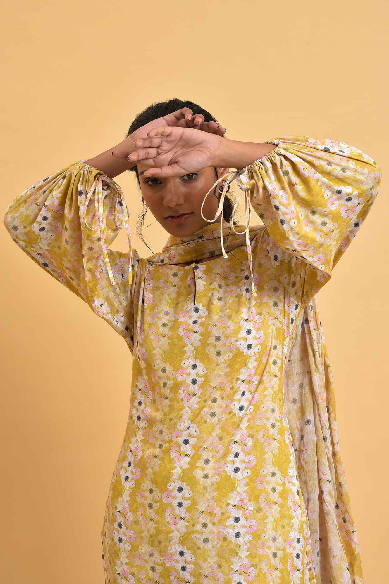 Yellow Floral Print-On-Print kurta Set - wforwoman