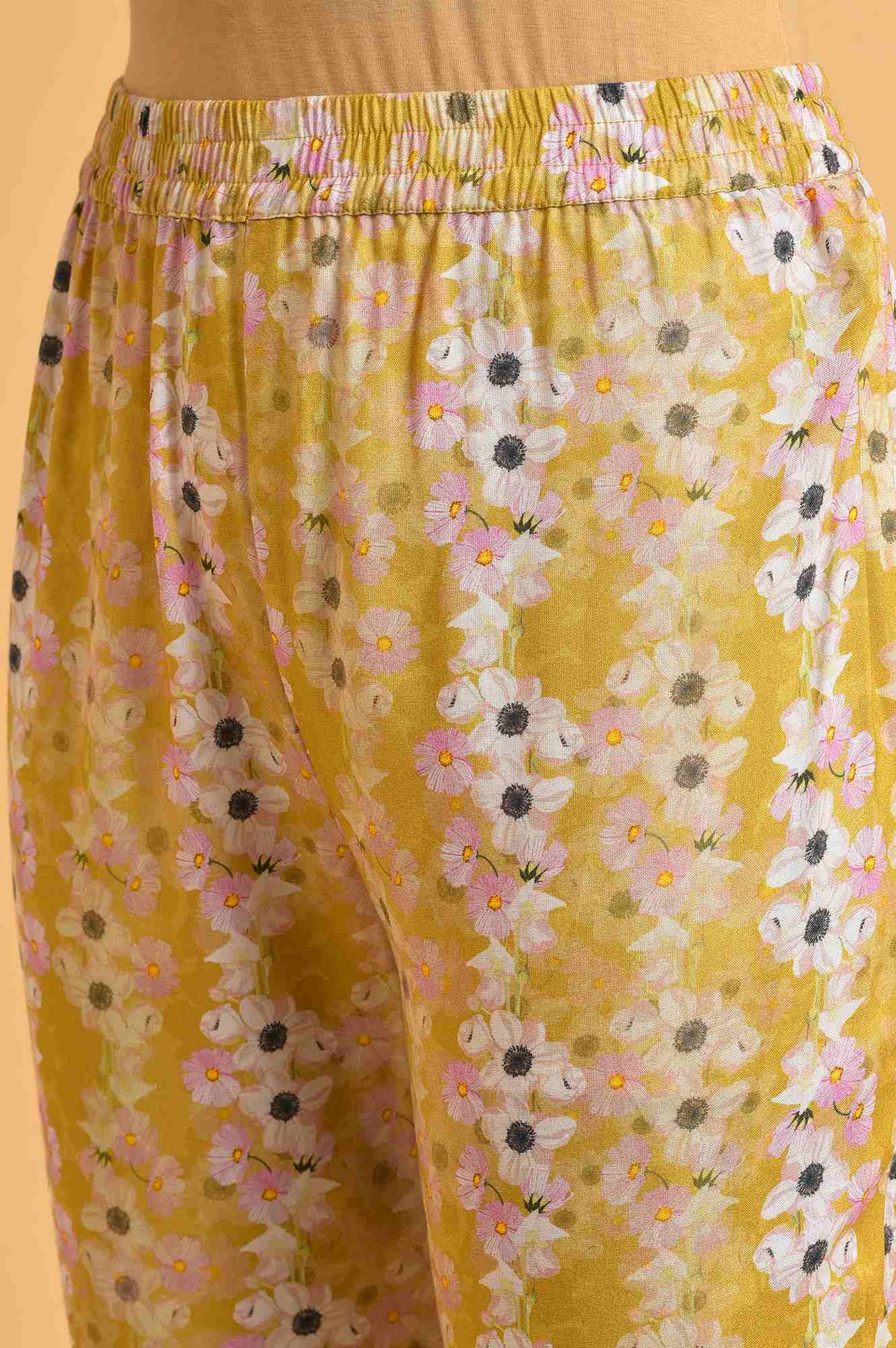 Yellow Floral Print-On-Print kurta Set - wforwoman