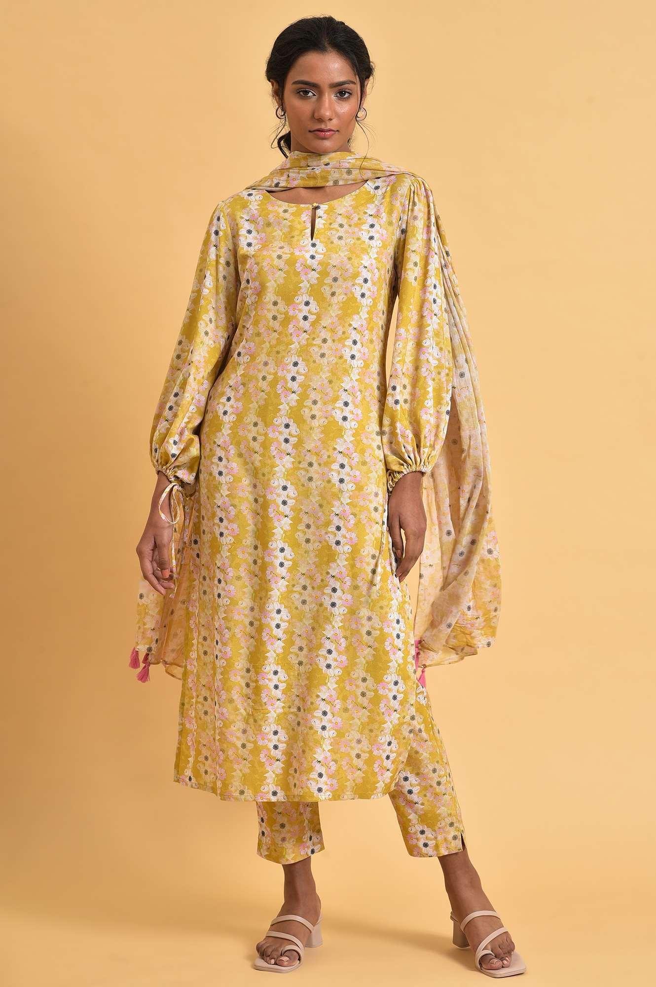 Yellow Floral Print-On-Print kurta Set - wforwoman