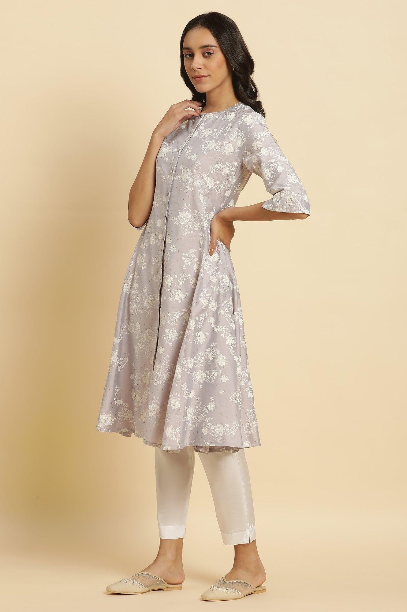 Grey Embellished Kurta And Pants Set - wforwoman