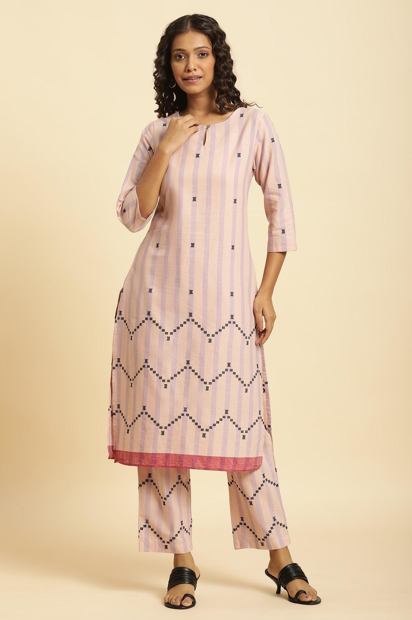 Pink And Purple Stripe Cotton Kurta And Pants Co-Ord Set - wforwoman