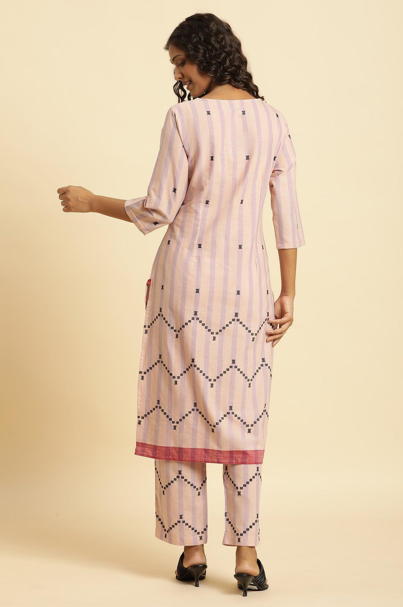 Pink And Purple Stripe Cotton Kurta And Pants Co-Ord Set - wforwoman