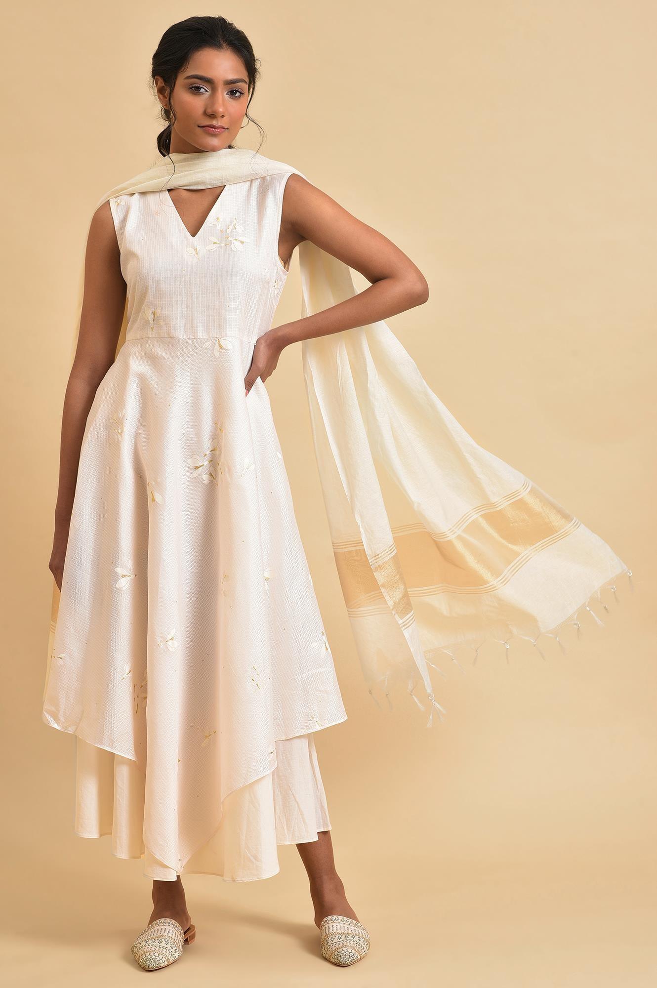 Ecru Layered Dress With Duptta Set - wforwoman