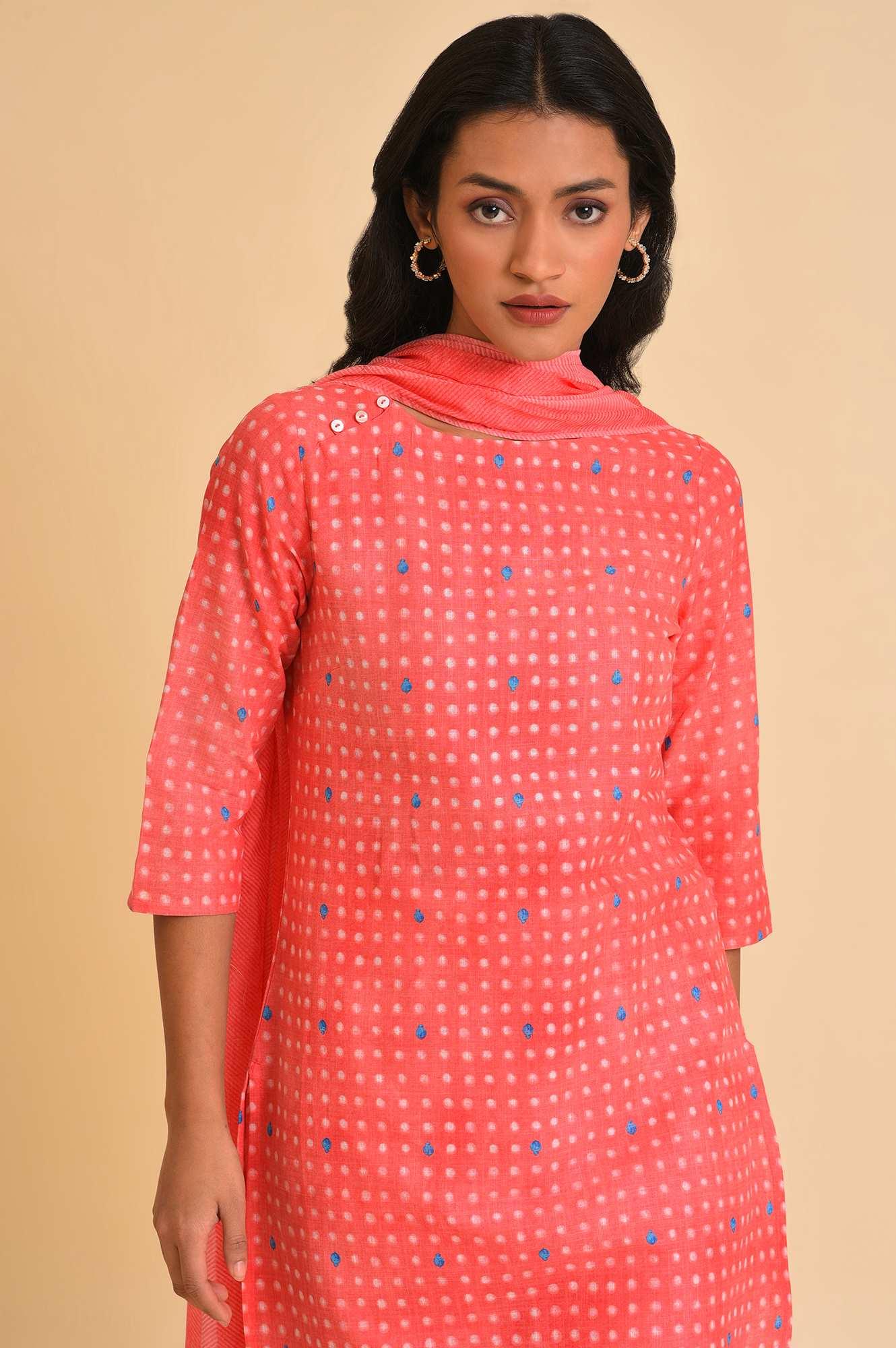 Light Red Printed kurta, Pants & Dupatta Co-Ord Set - wforwoman