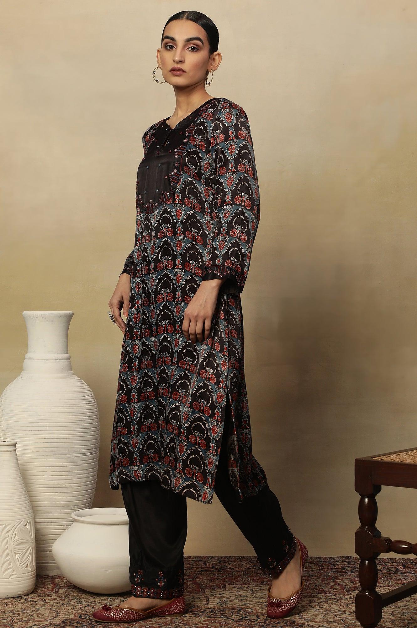 Dark Brown Ajrakh Printed Kurta In Lustrous Satin - wforwoman