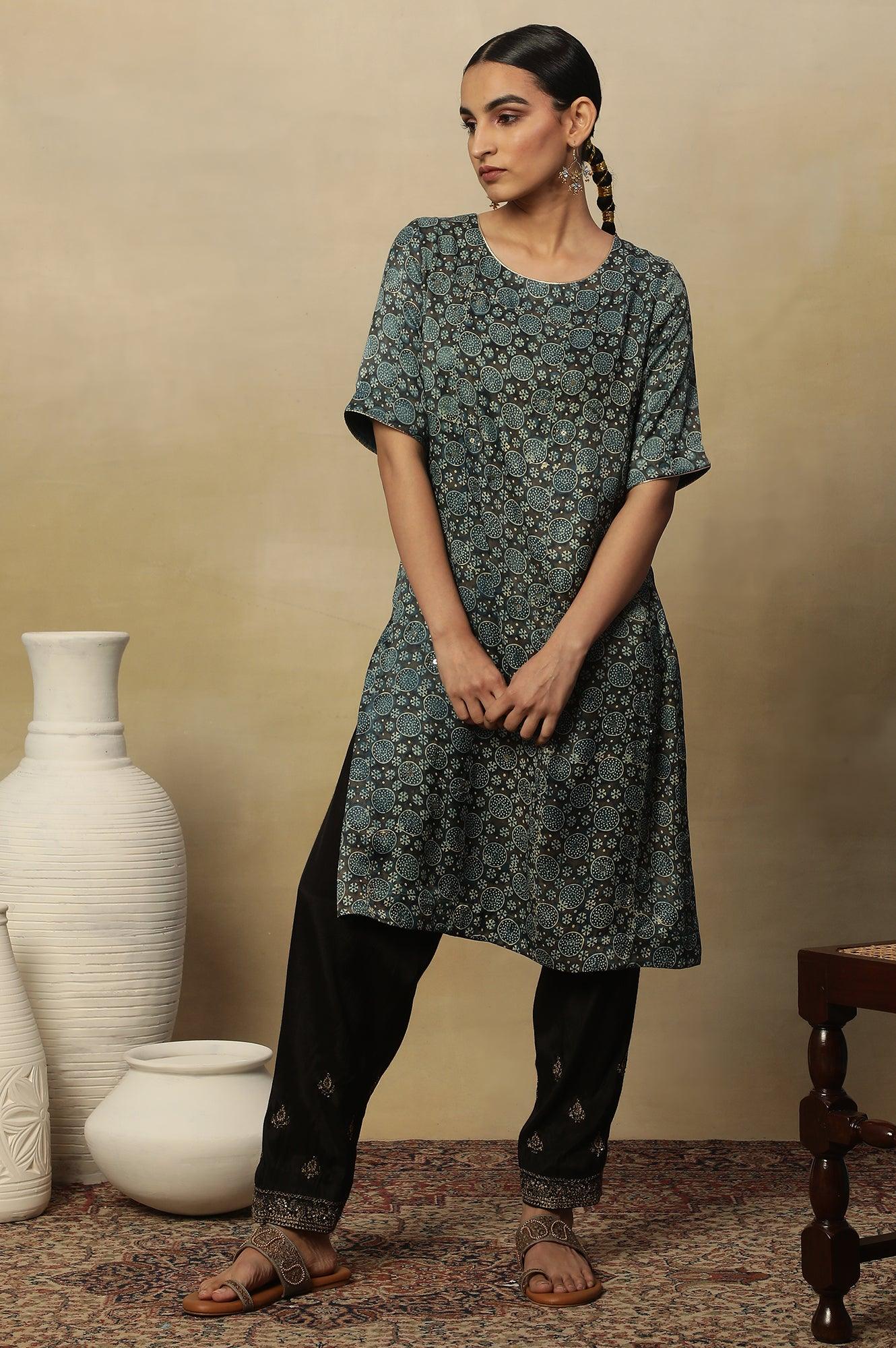 Dark Brown And Teal Ajrakh Print Kurta In Modal Satin - wforwoman