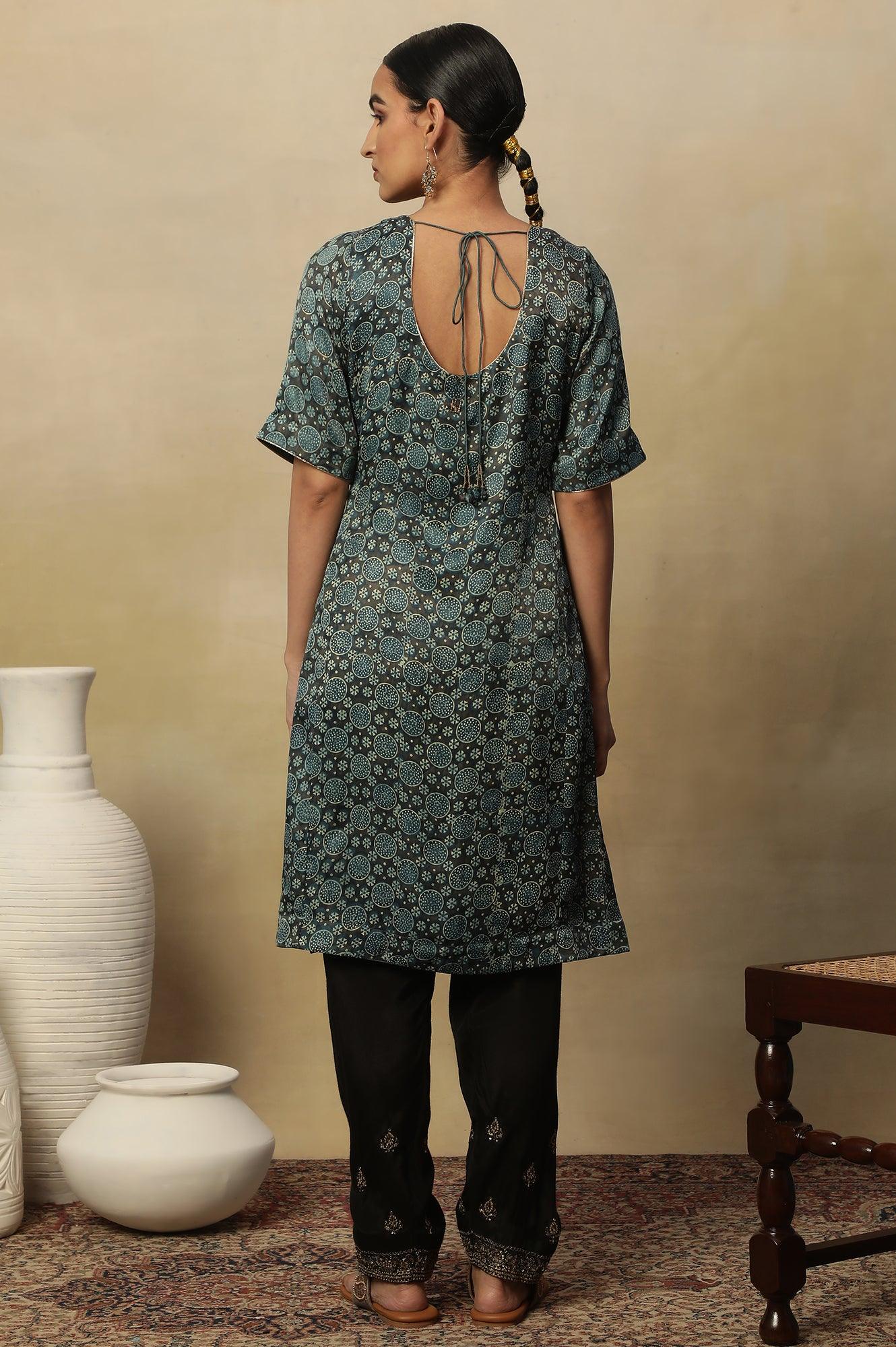 Dark Brown And Teal Ajrakh Print Kurta In Modal Satin - wforwoman