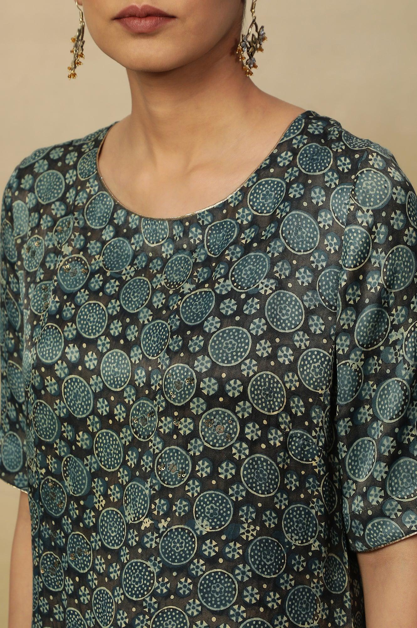 Dark Brown And Teal Ajrakh Print Kurta In Modal Satin - wforwoman