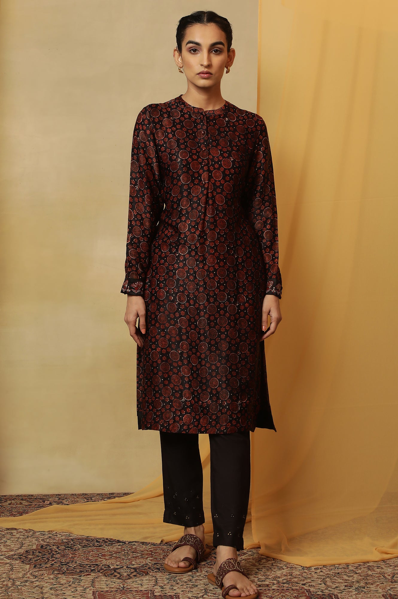 Dark Brown Bi-Coloured Ajrakh Print Kurta In Satin