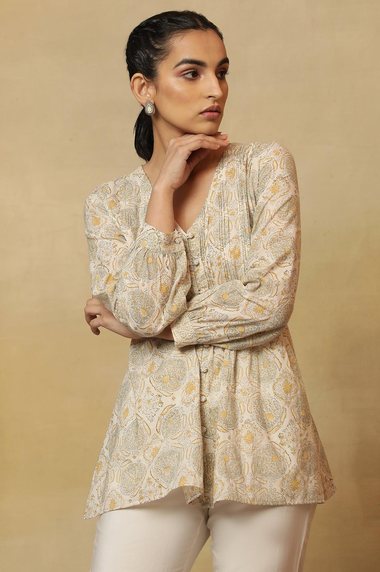 Ecru Block Print Pleated V-Neck Top - wforwoman