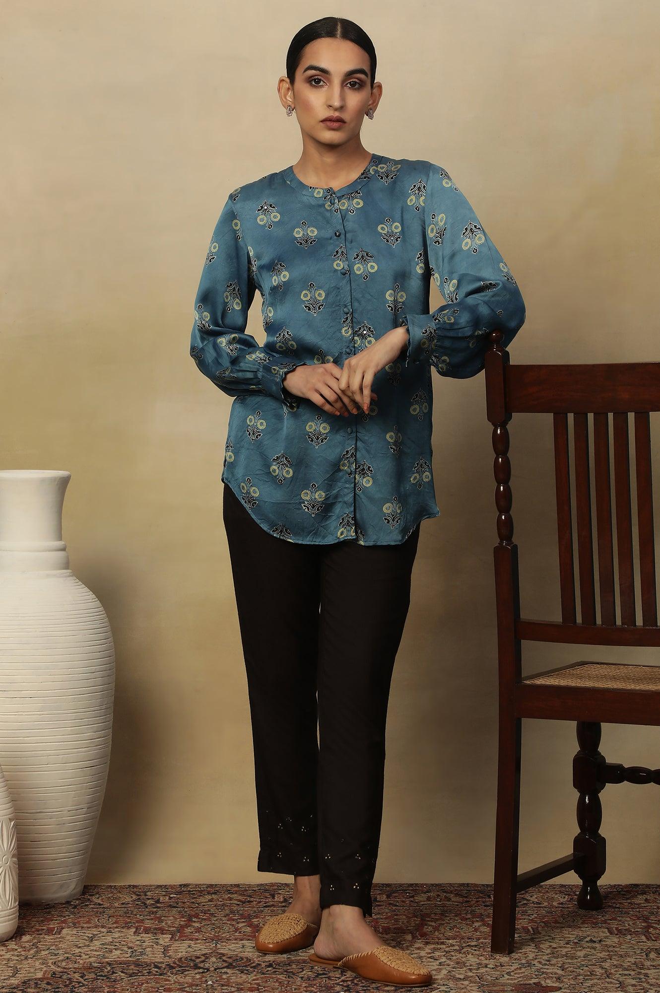 Light Blue Ajrakh Print Top In Lustrous Satin - wforwoman