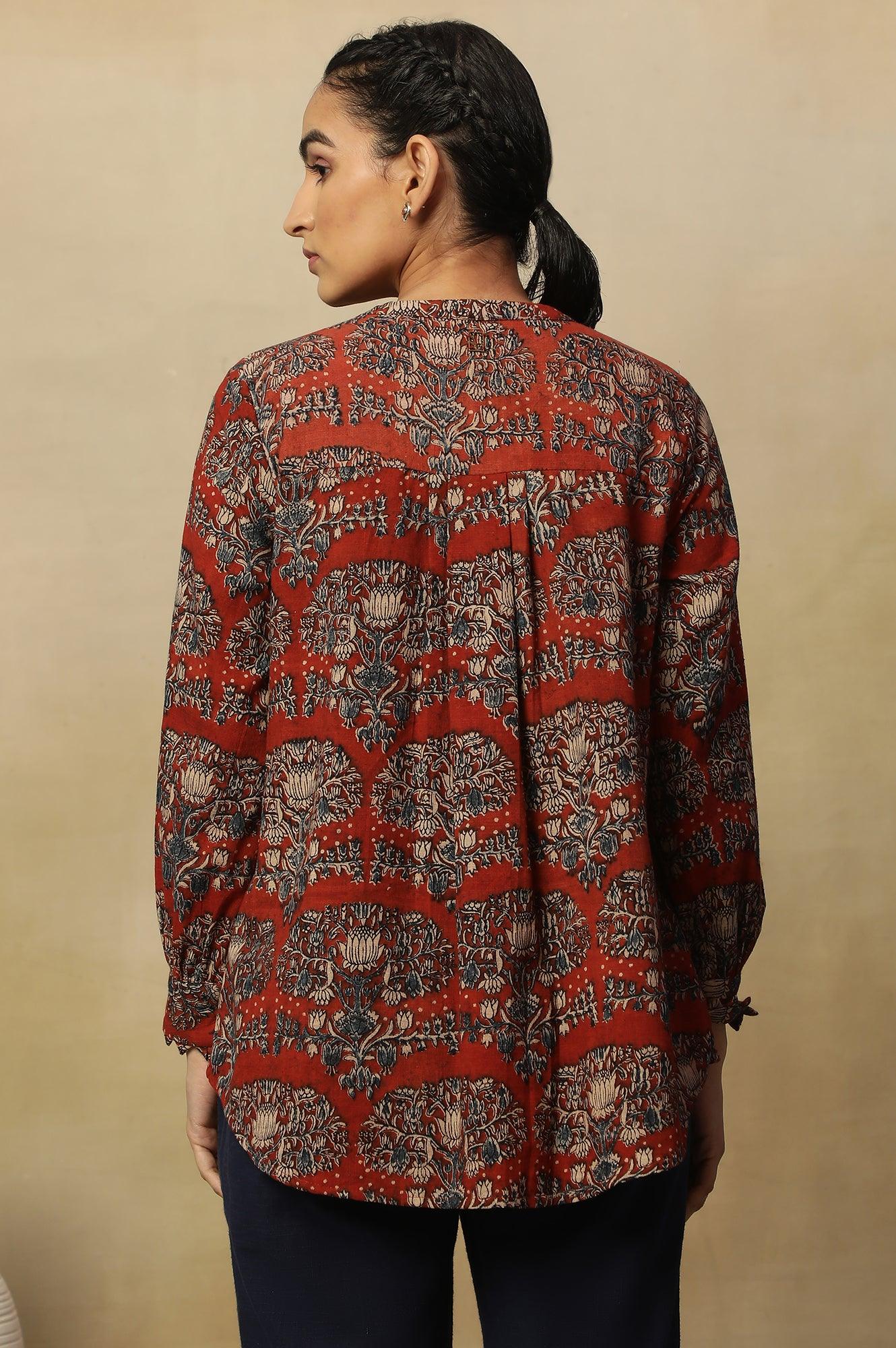 Brick Red Block Print Top In Cotton Slub - wforwoman