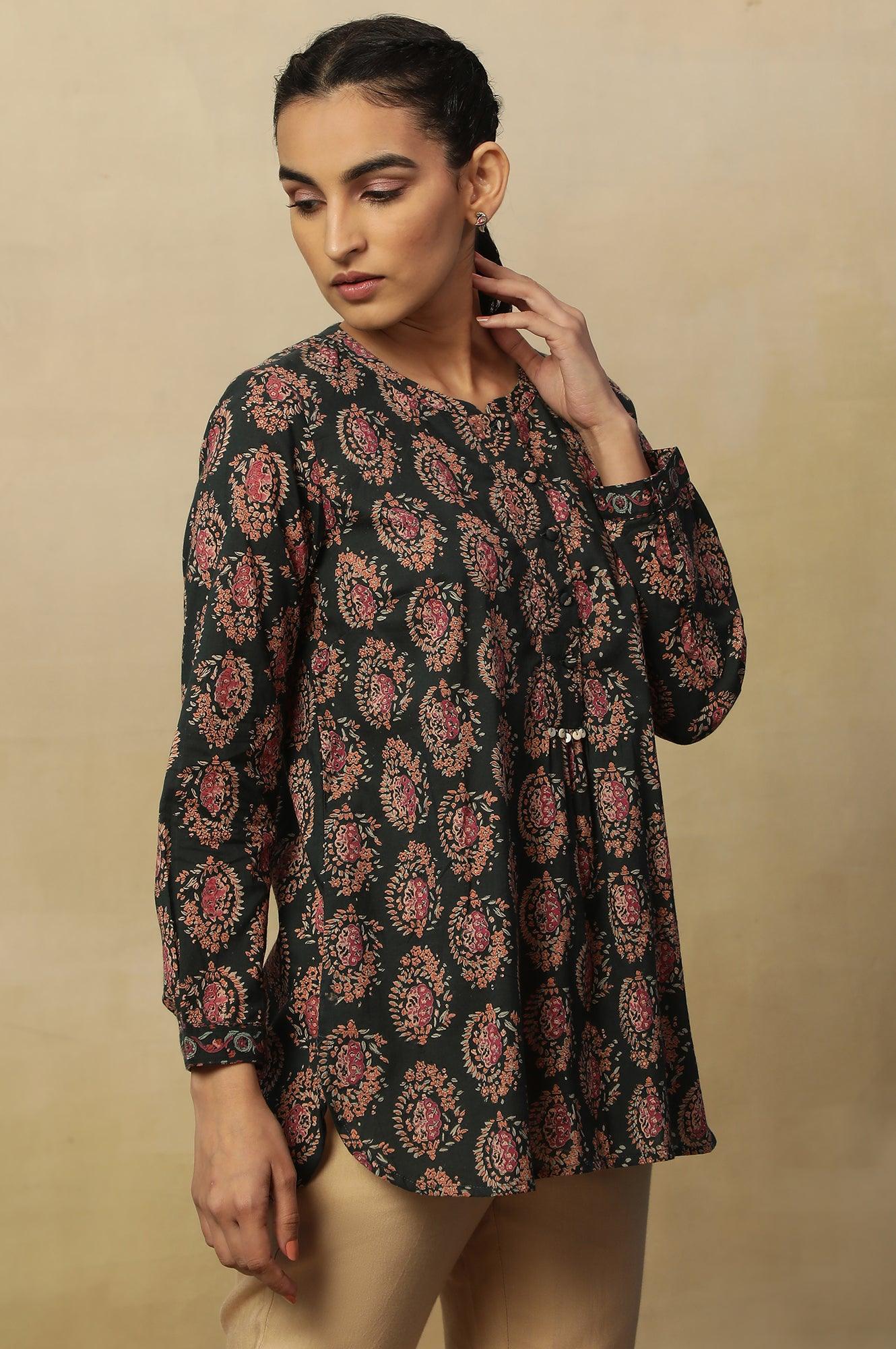 Dark Green Block Print Top In Cotton Voile - wforwoman