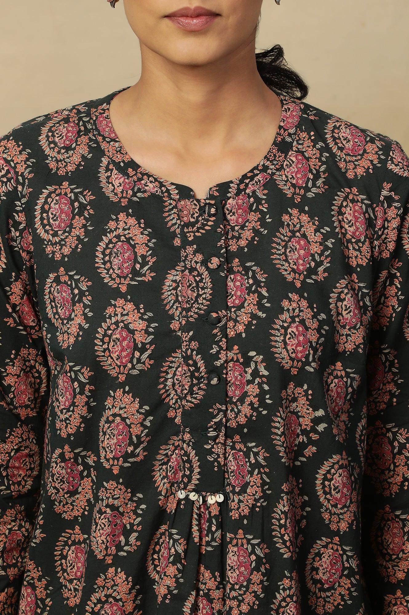 Dark Green Block Print Top In Cotton Voile - wforwoman