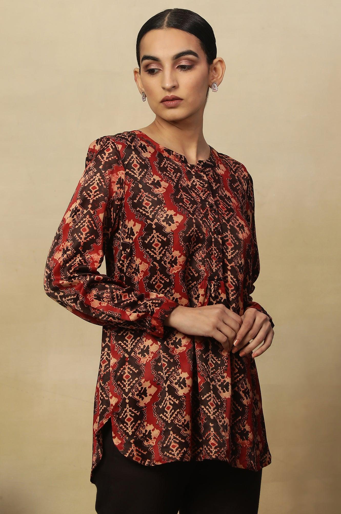 Red & Black Ajrakh Print Top In Modal Satin - wforwoman