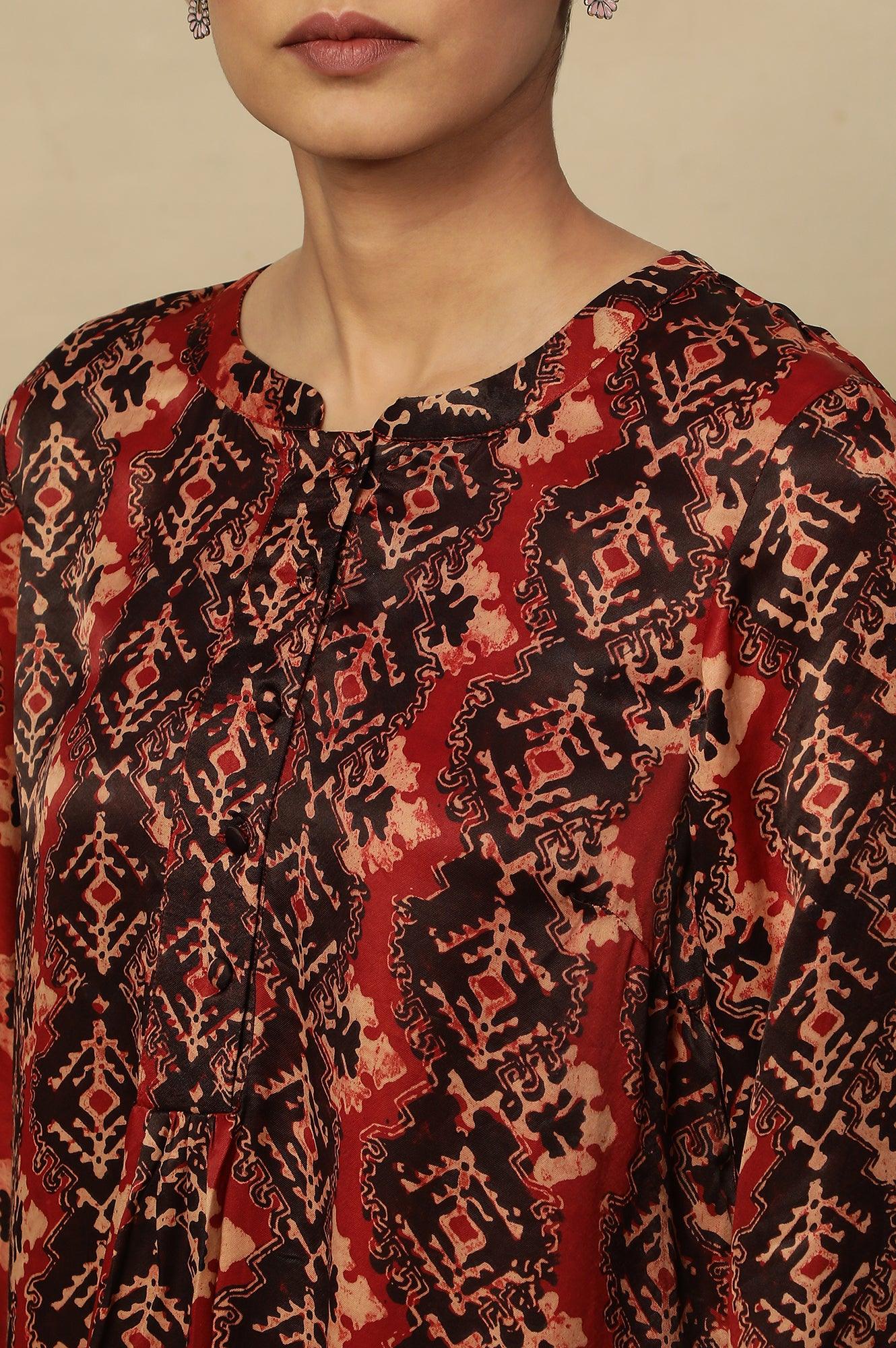 Red & Black Ajrakh Print Top In Modal Satin - wforwoman