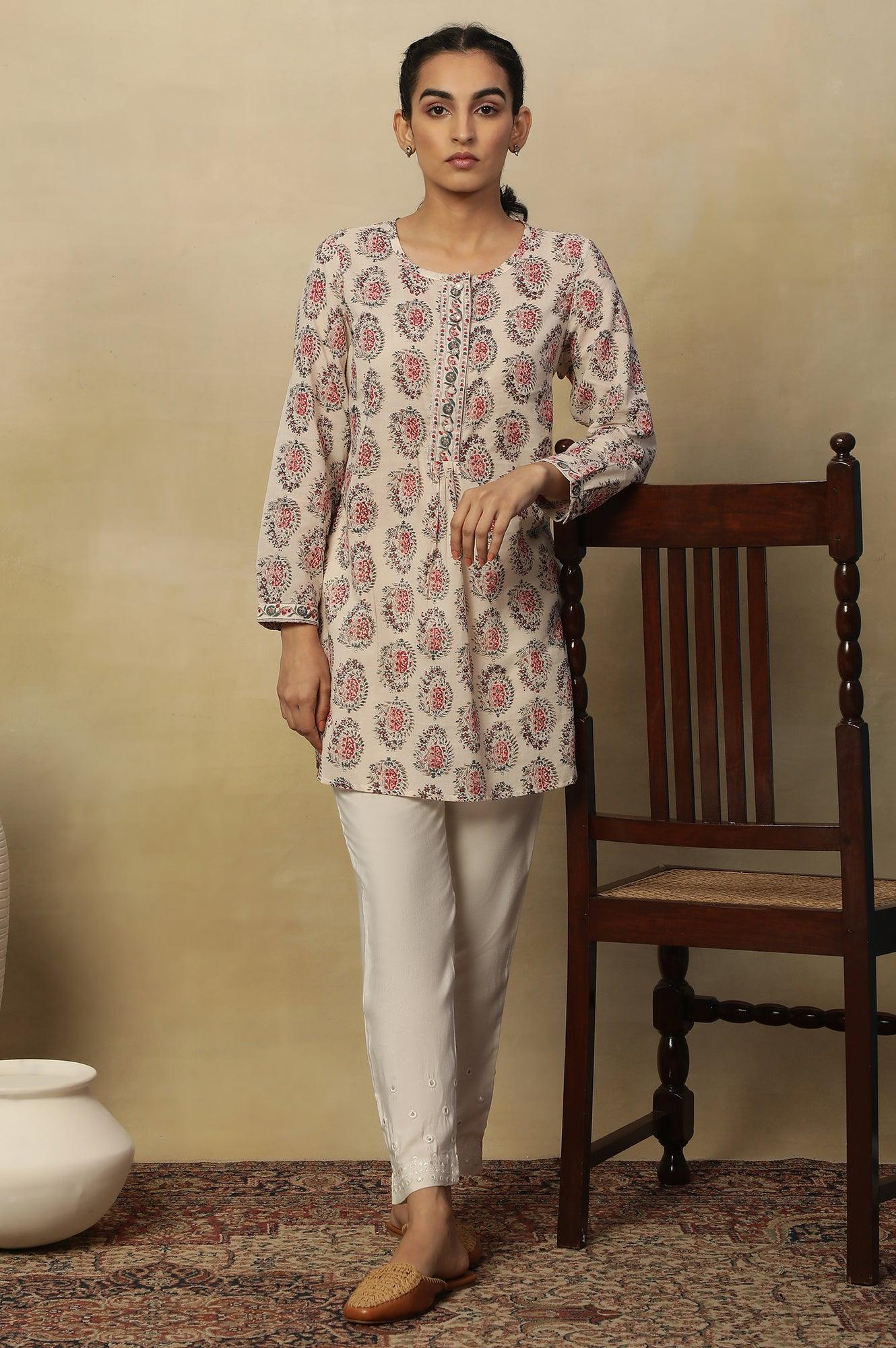 Ecru Block Print Round Neck Top In Cotton Voile - wforwoman