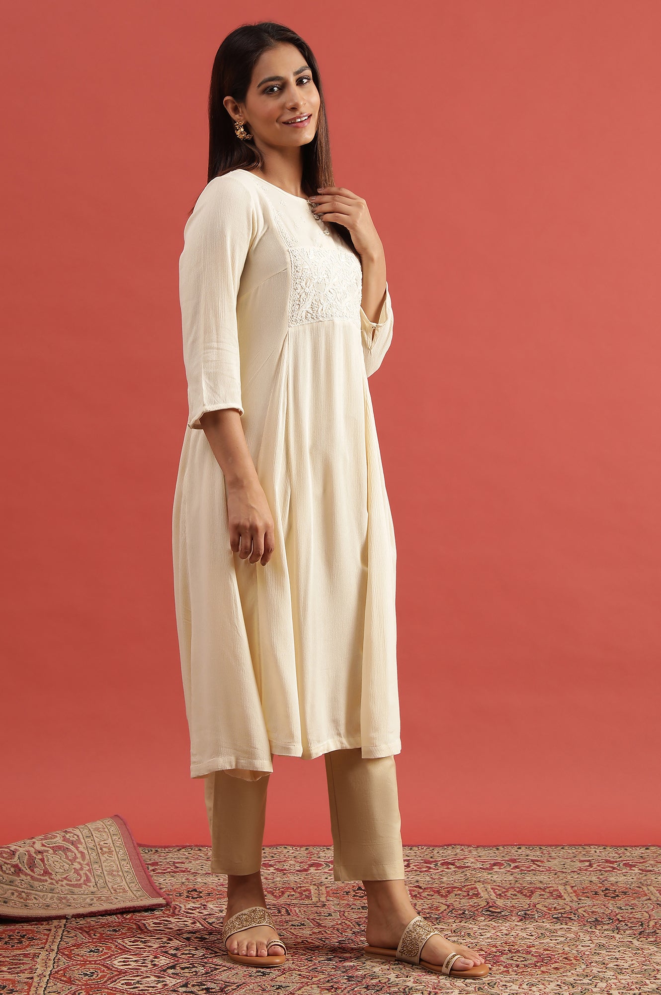 Creme Flared Chikankari Kurta In Rayon Crepe
