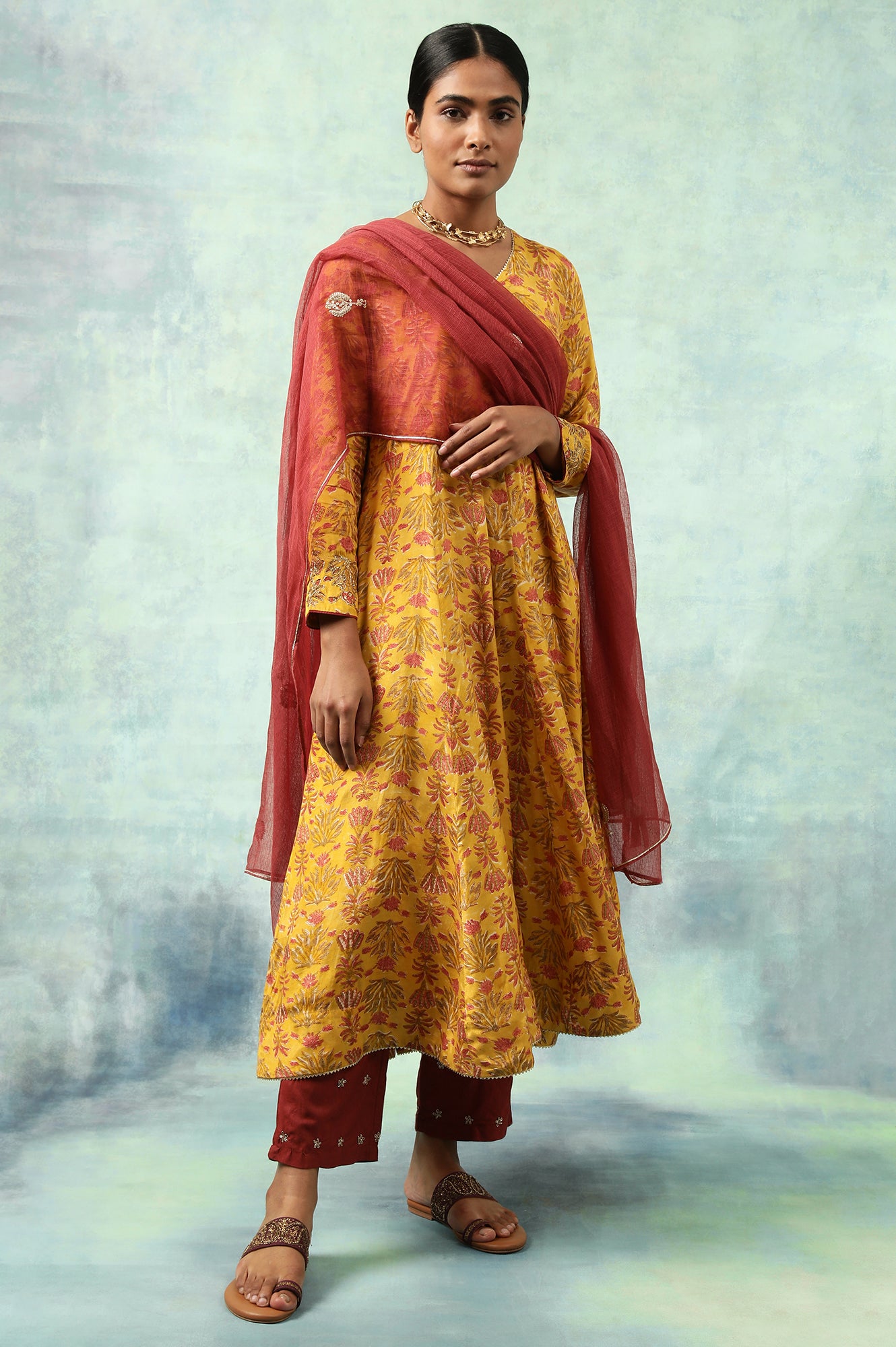 Yellow Hand Block Print Anarkali kurta