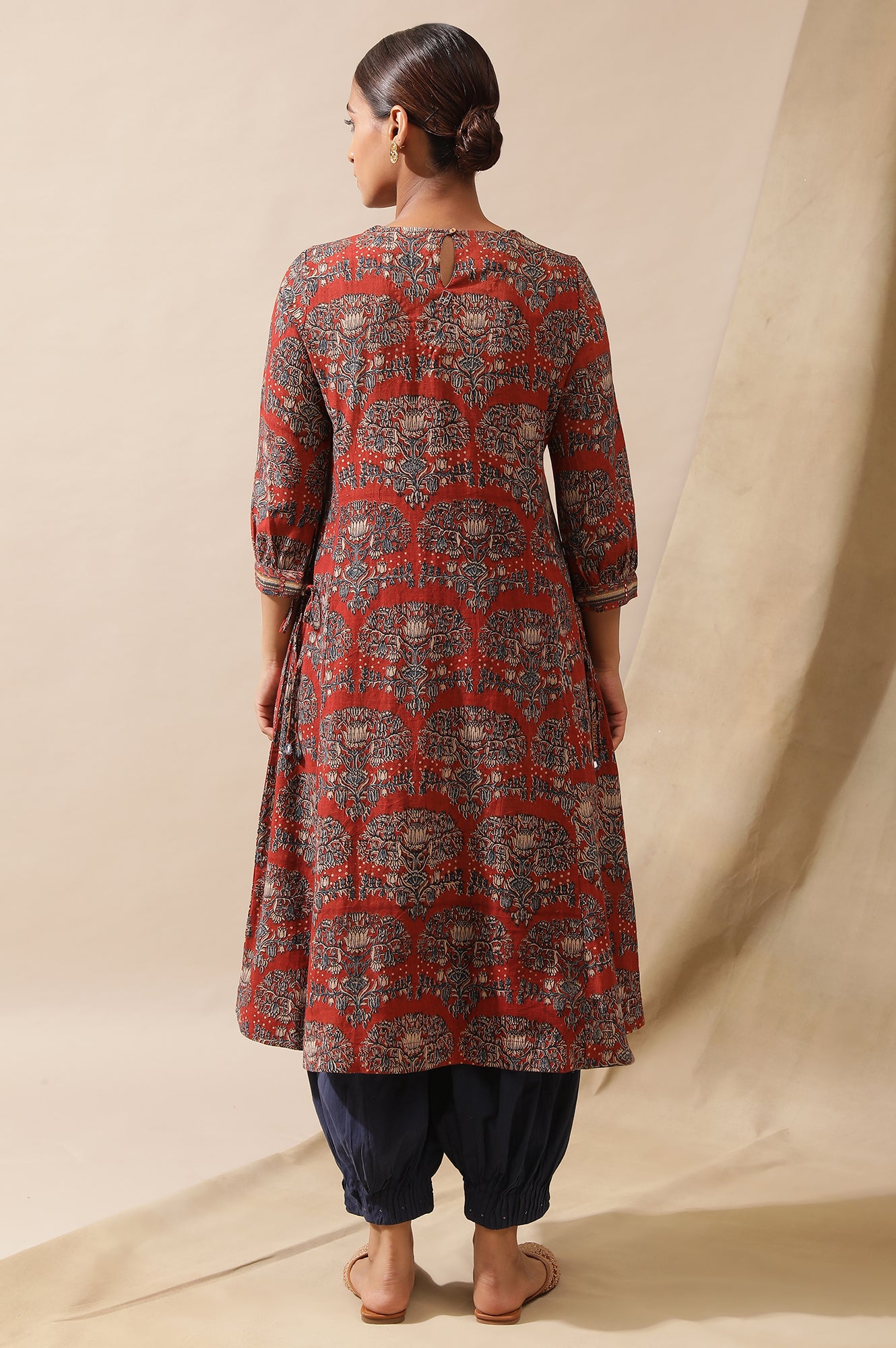 Red Hand Block Print Kurta In Cotton Slub