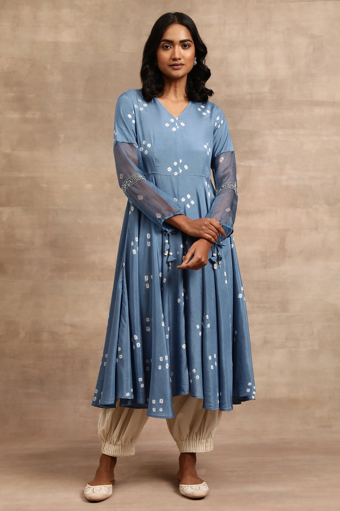 Buy Indigo Hand Block Print Dress With Organza Sleeves Online for Woman