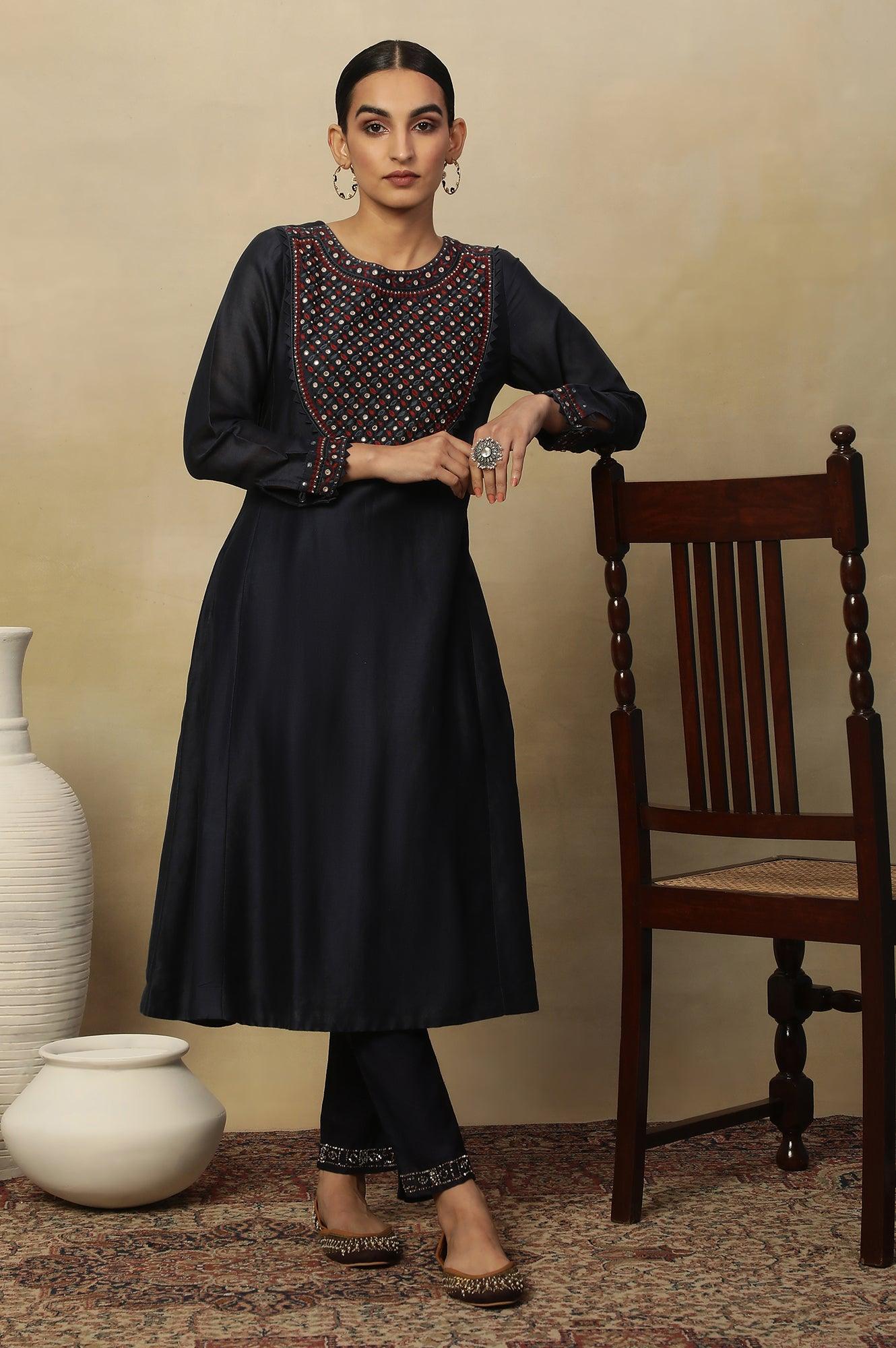 Dark Blue Embroidered Cotton Silk Kurta - wforwoman