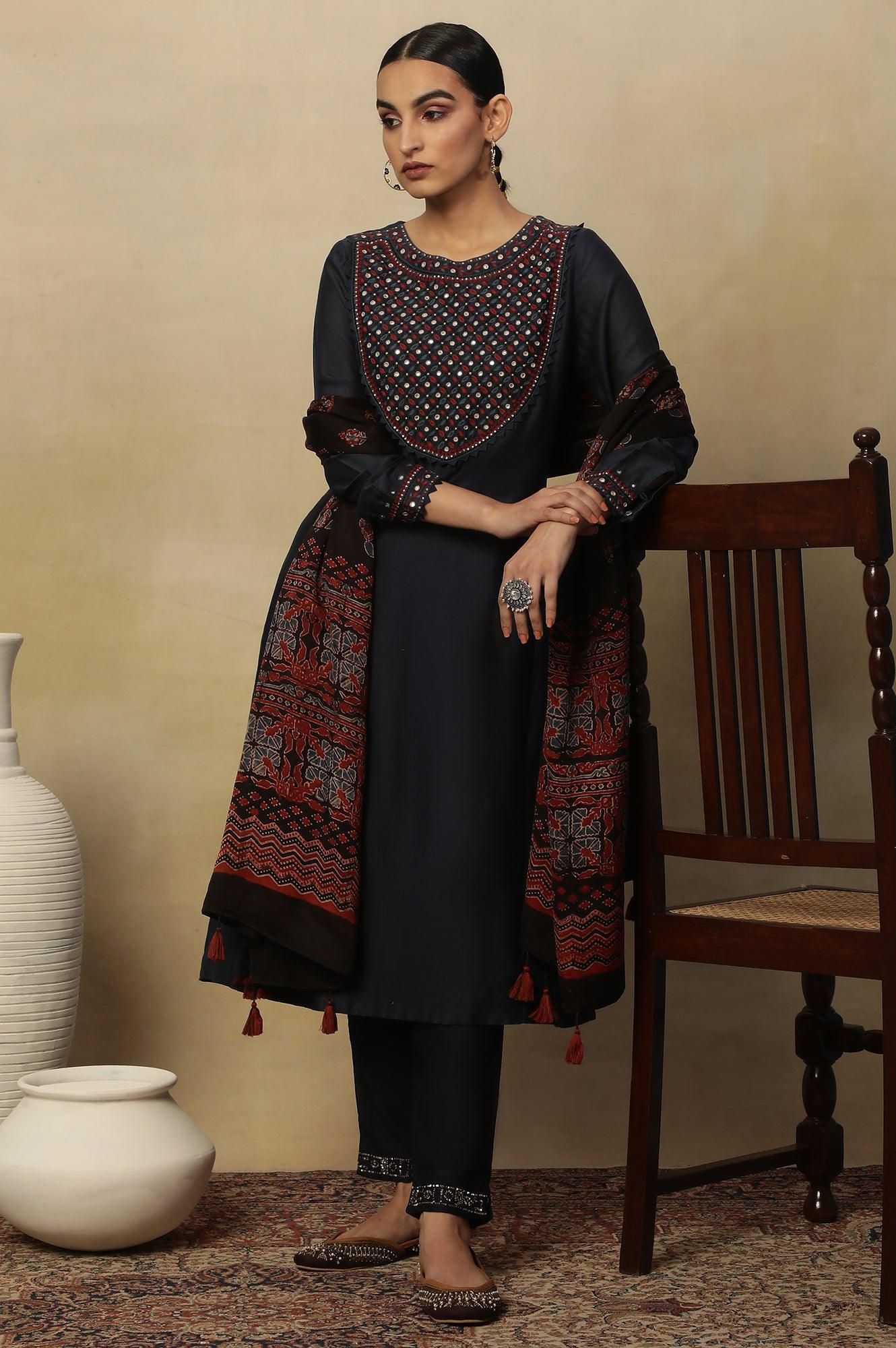 Dark Blue Embroidered Cotton Silk Kurta - wforwoman
