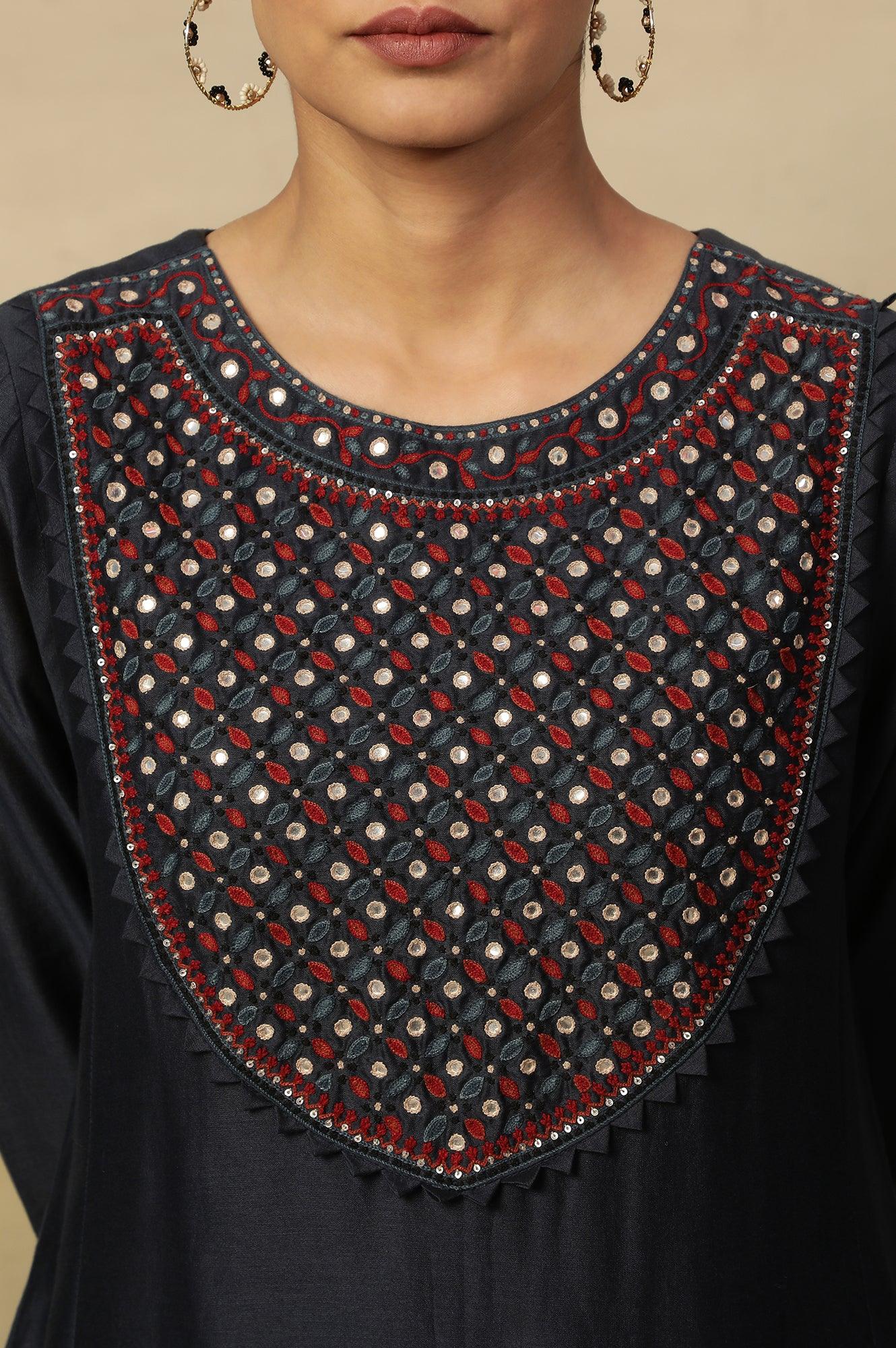 Dark Blue Embroidered Cotton Silk Kurta - wforwoman