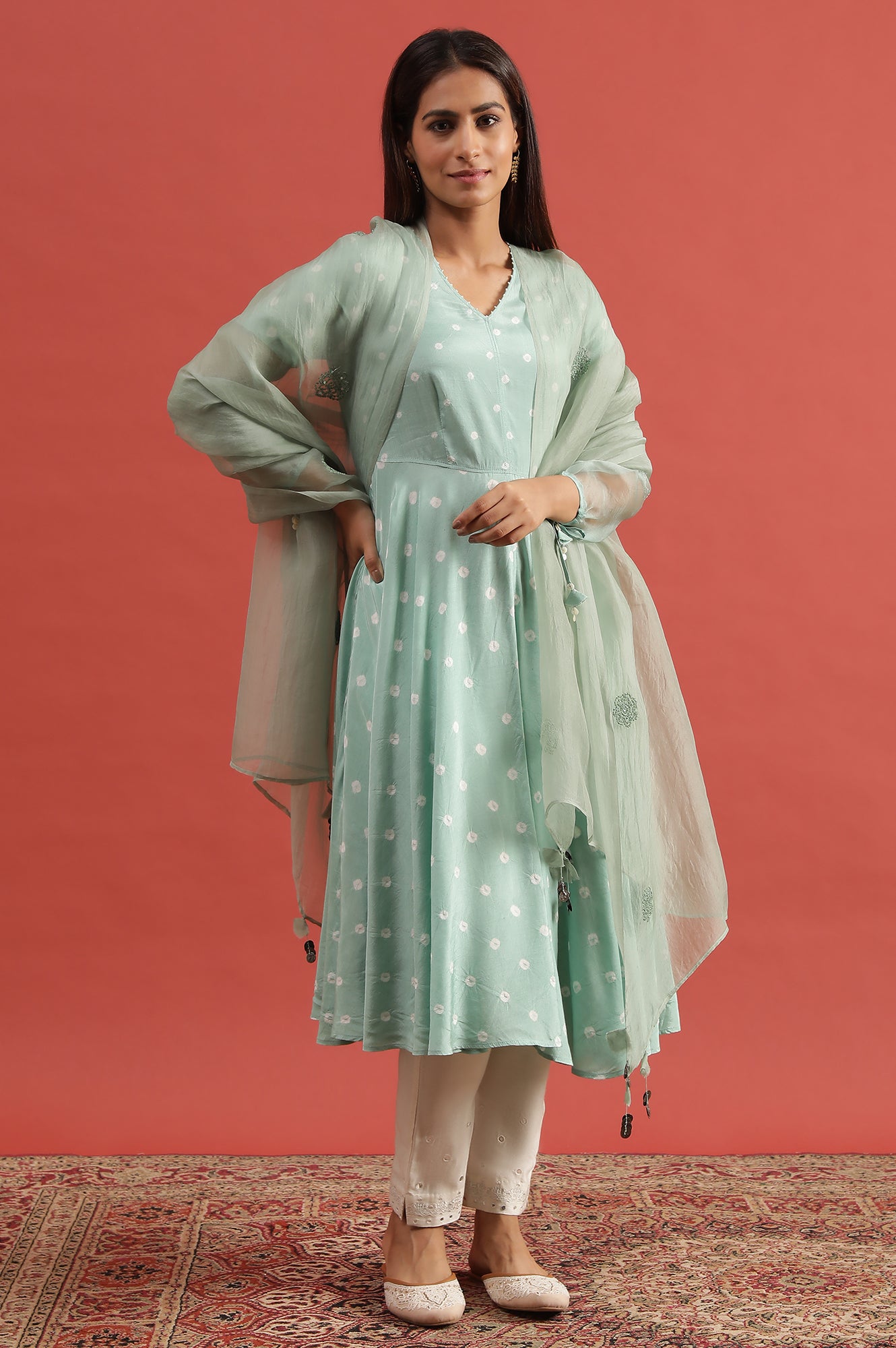 Green Hand Block Print Dress With Organza Sleeves