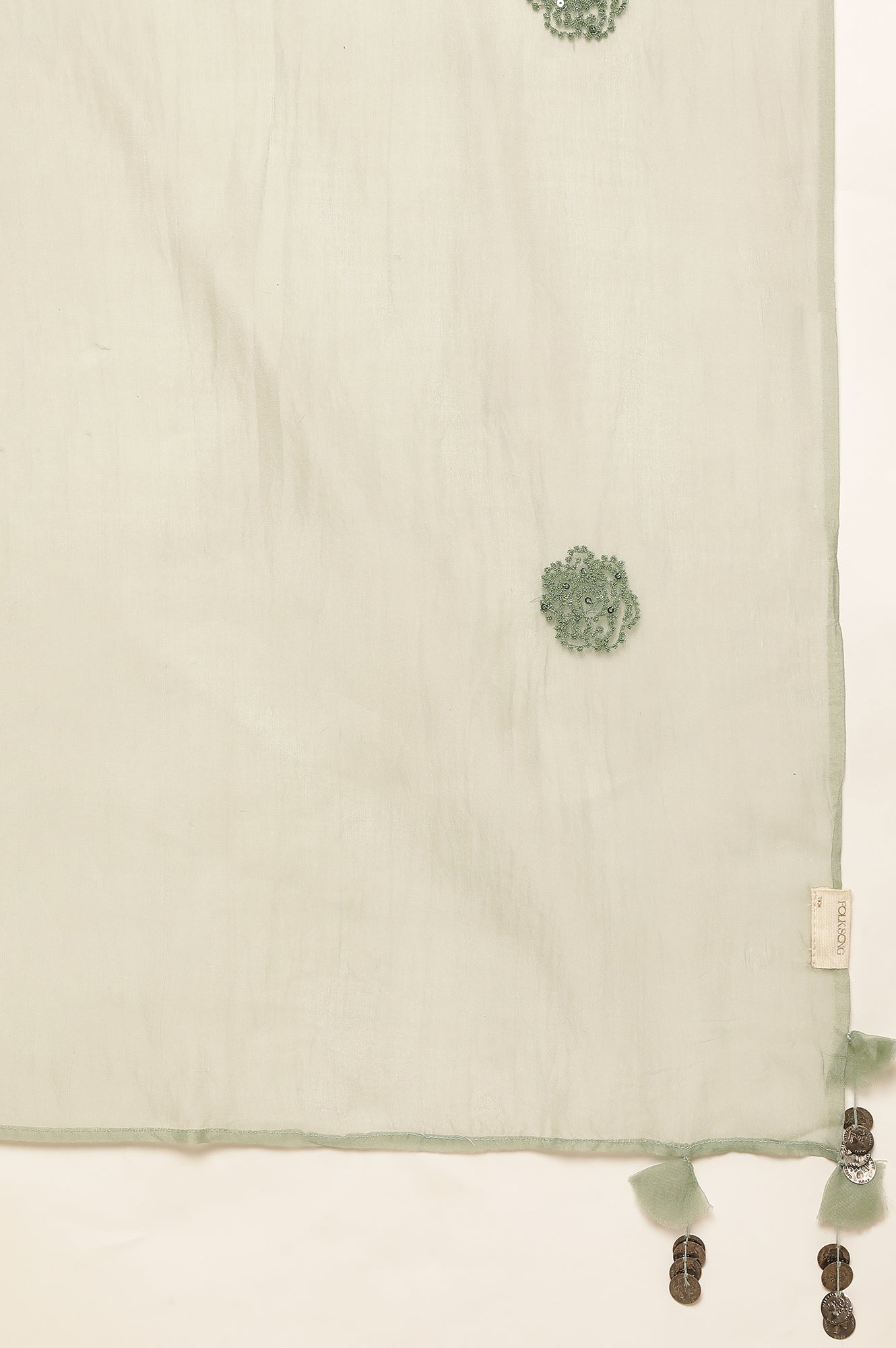 Green Hand Block Print Dress With Organza Sleeves