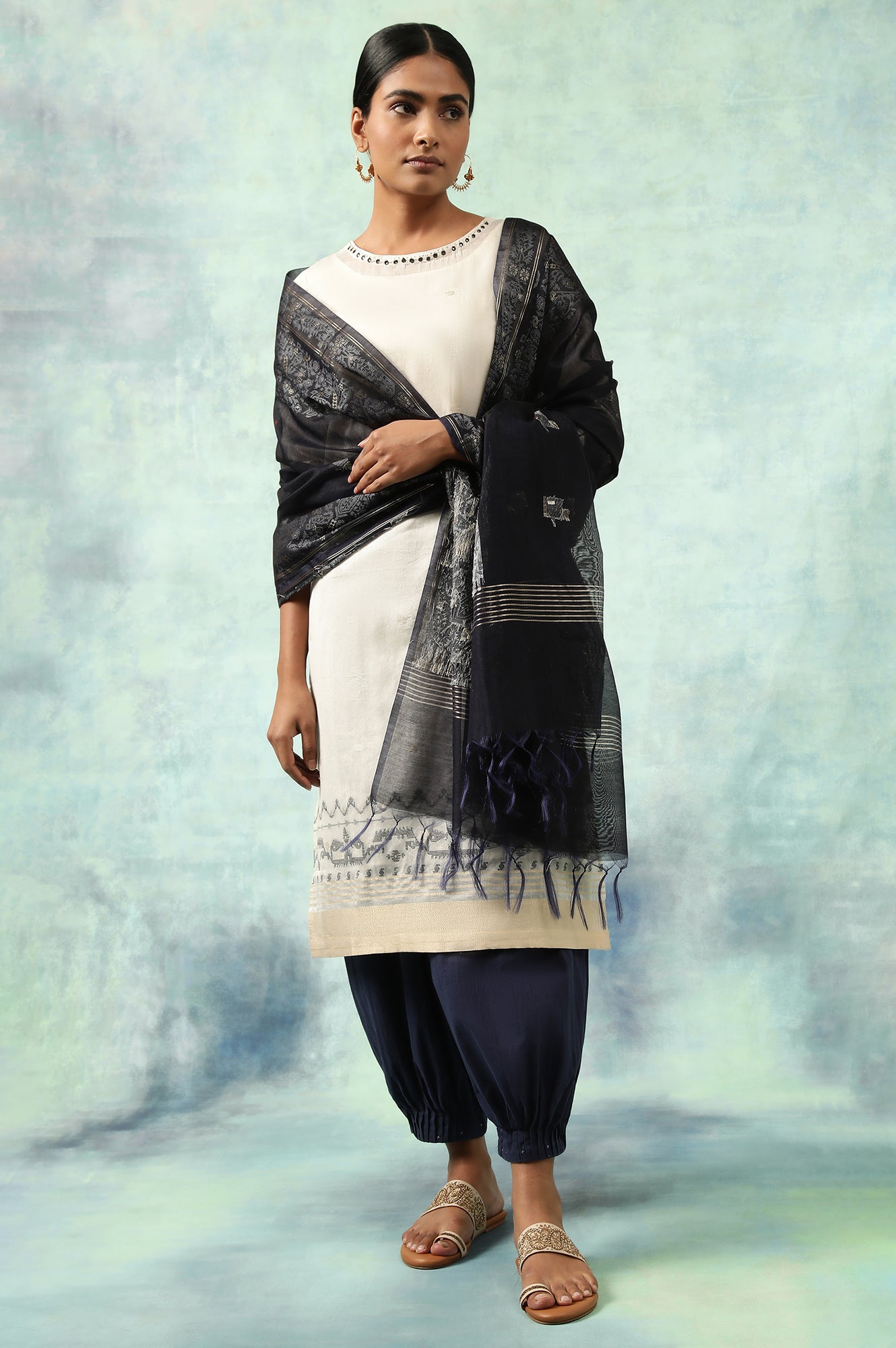 Ecru Jacquard kurta With Mirror Work Embroidery