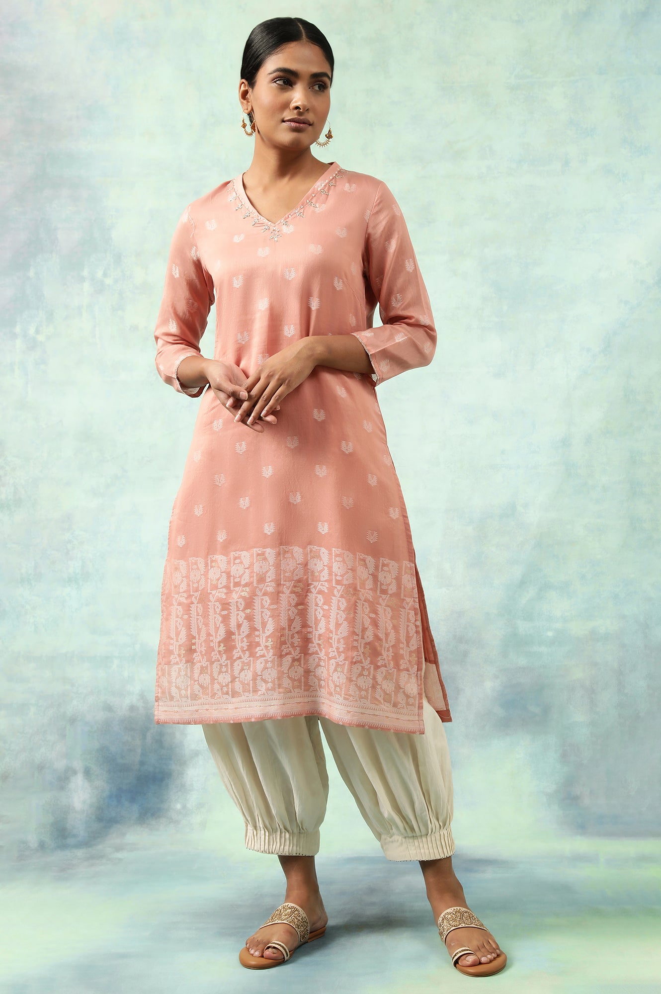 Coral Cotton Silk Jacquard kurta