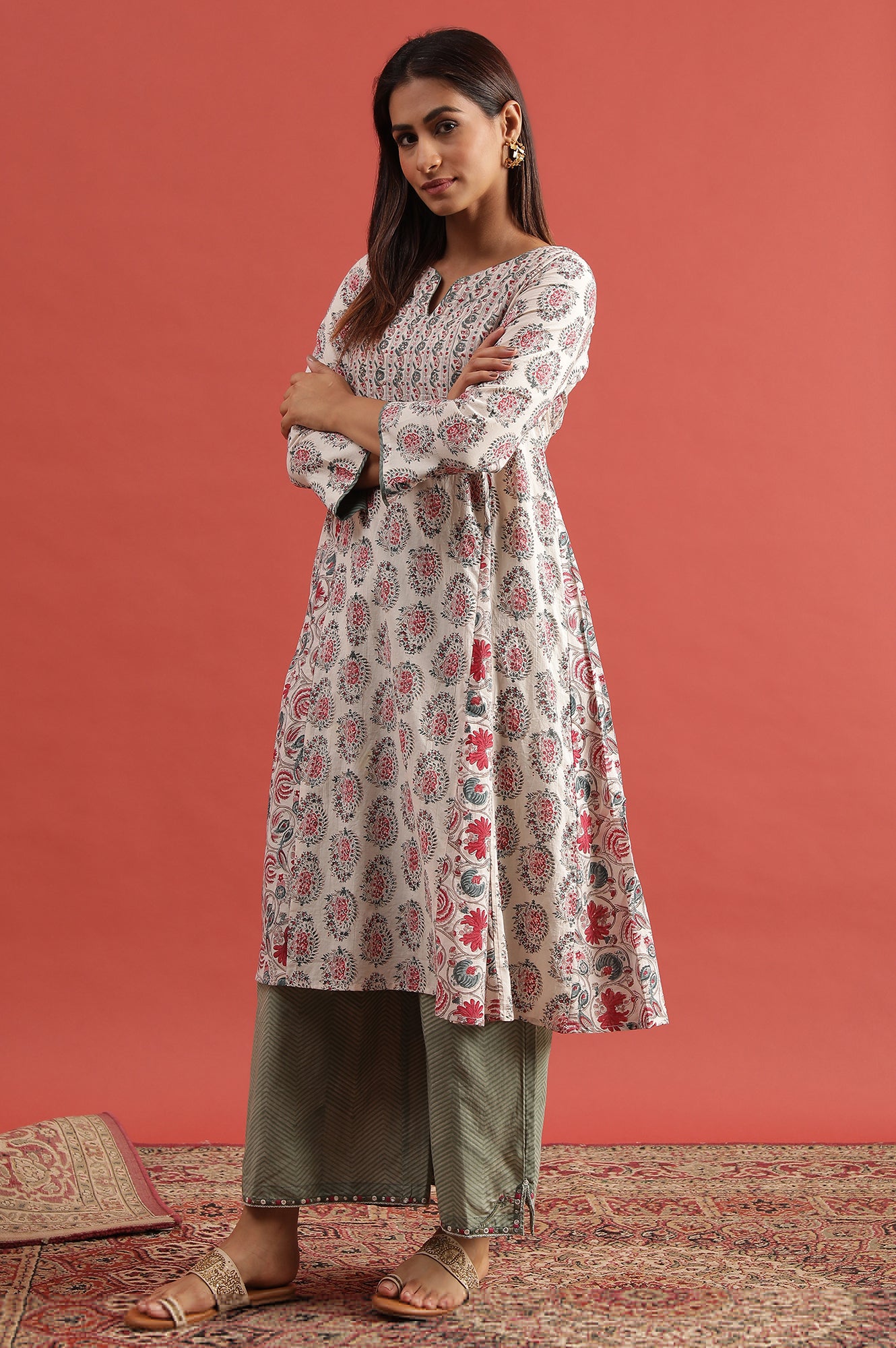 White Multi-Coloured Hand Block Print Flared Kurta